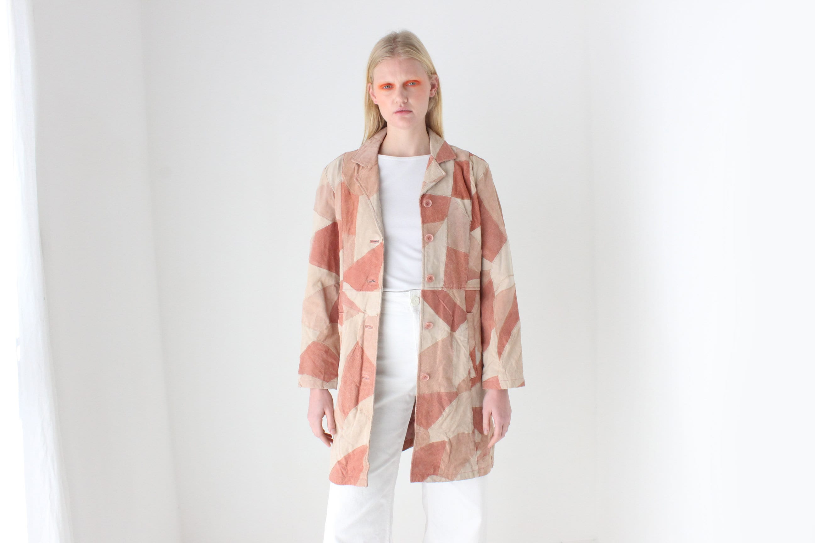 90s does 70s Pink Toned Suede Leather Patchwork Trench by Robert Louis