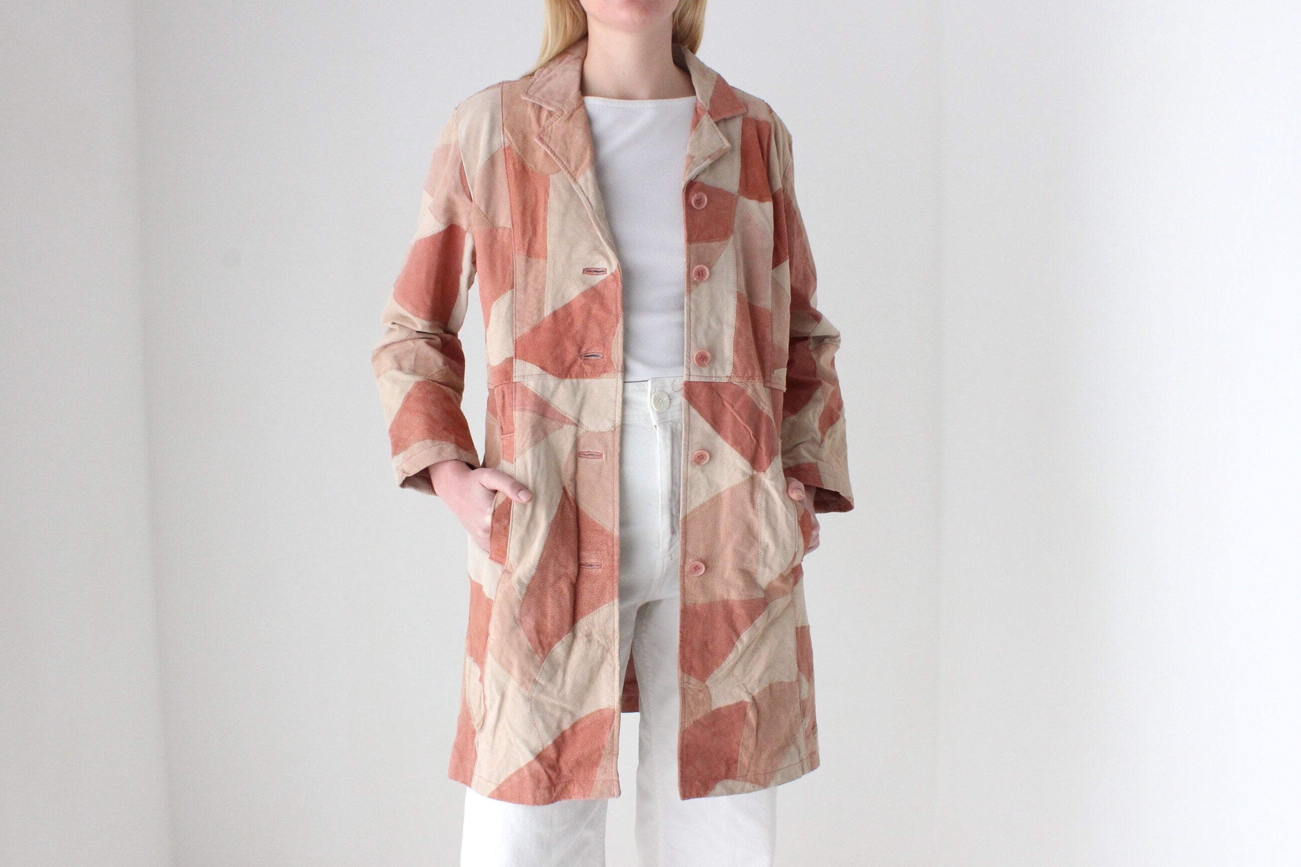 90s does 70s Pink Toned Suede Leather Patchwork Trench by Robert Louis