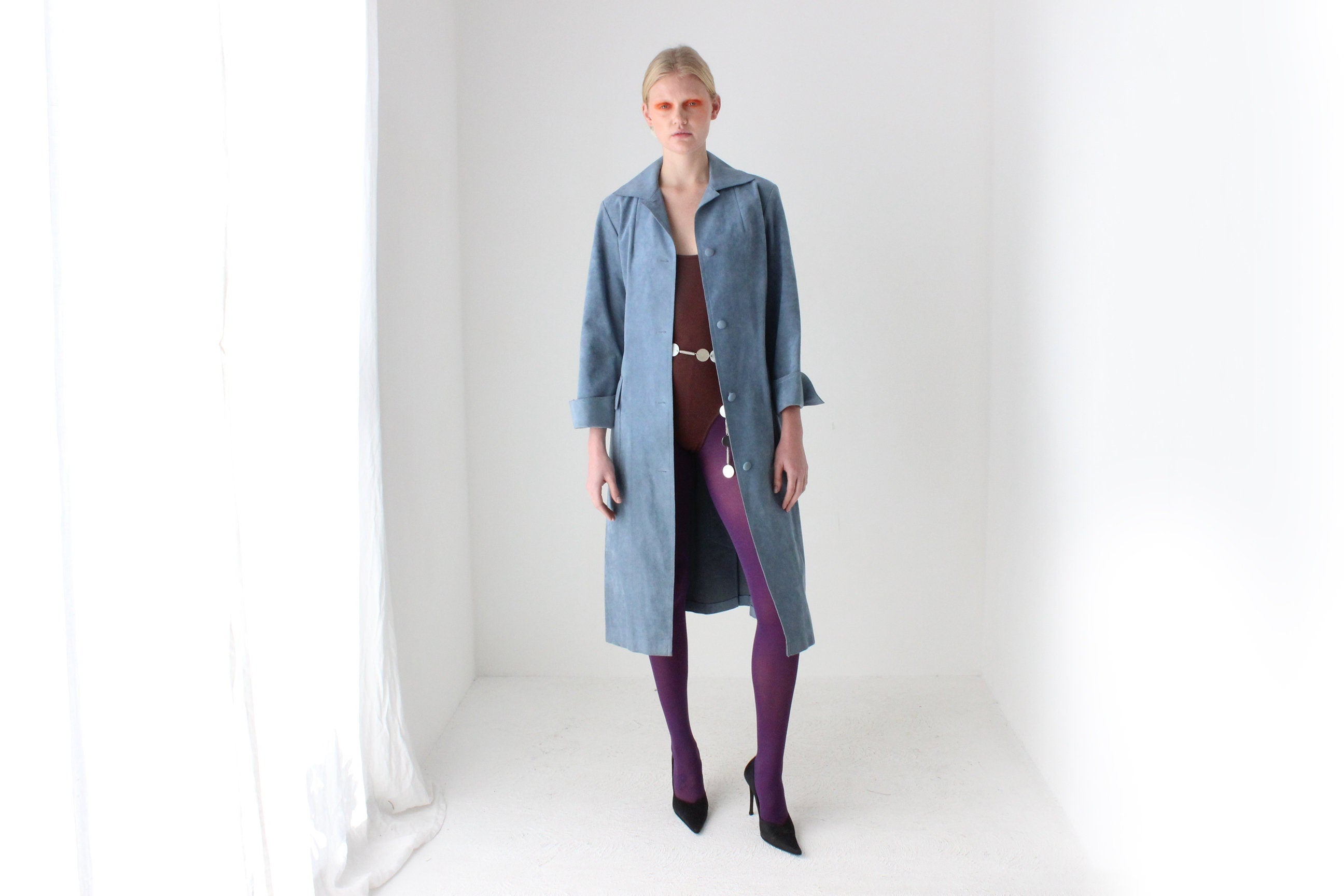 70s Sky Blue Suede Look Belted Trench Coat