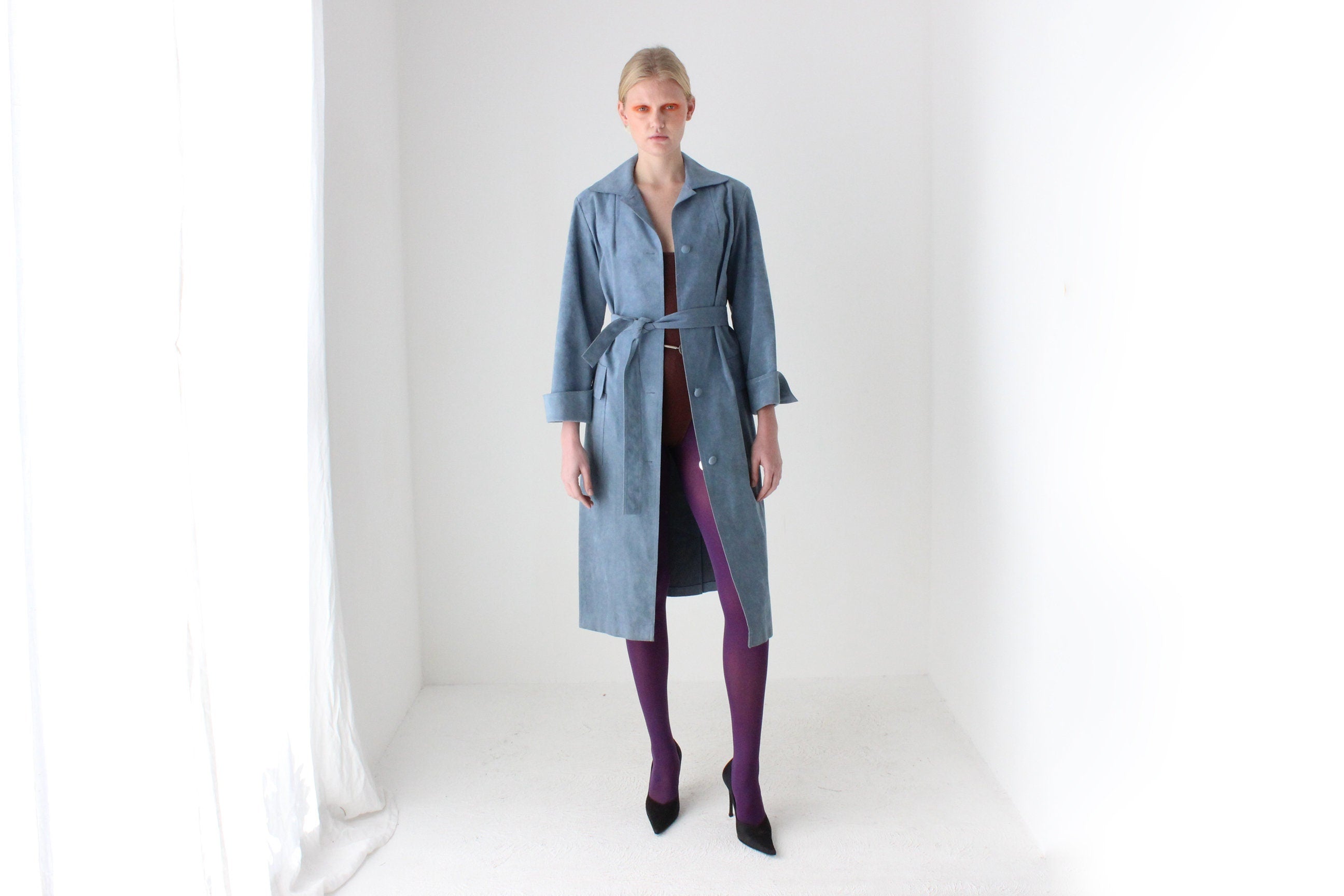 70s Sky Blue Suede Look Belted Trench Coat