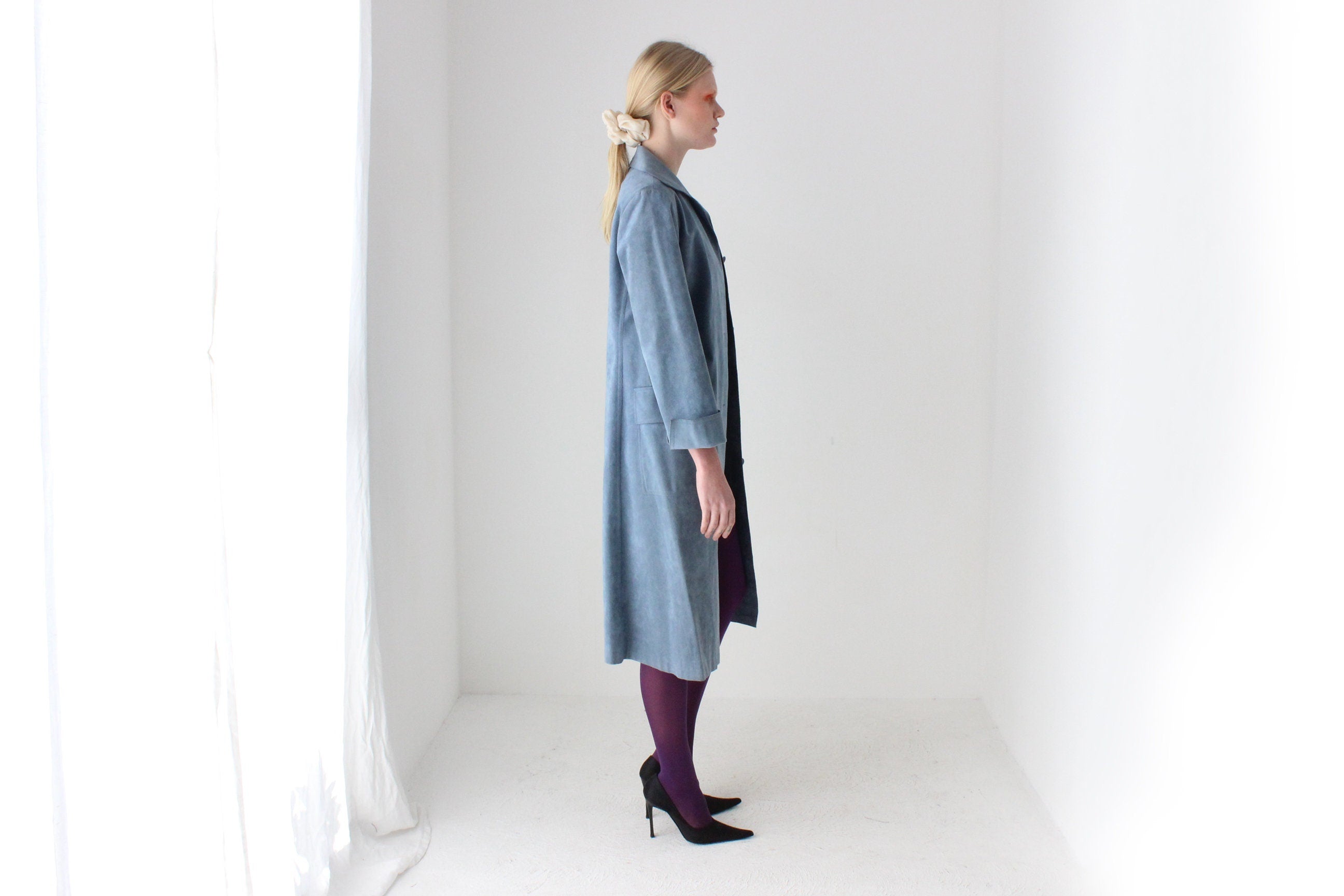 70s Sky Blue Suede Look Belted Trench Coat