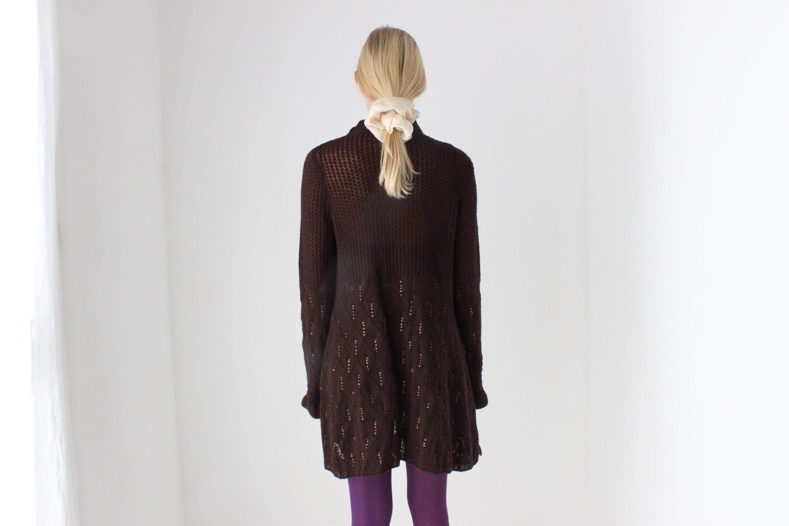 Y2K Pure Wool Ruffle Crochet Knit Fitted Long Cardigan