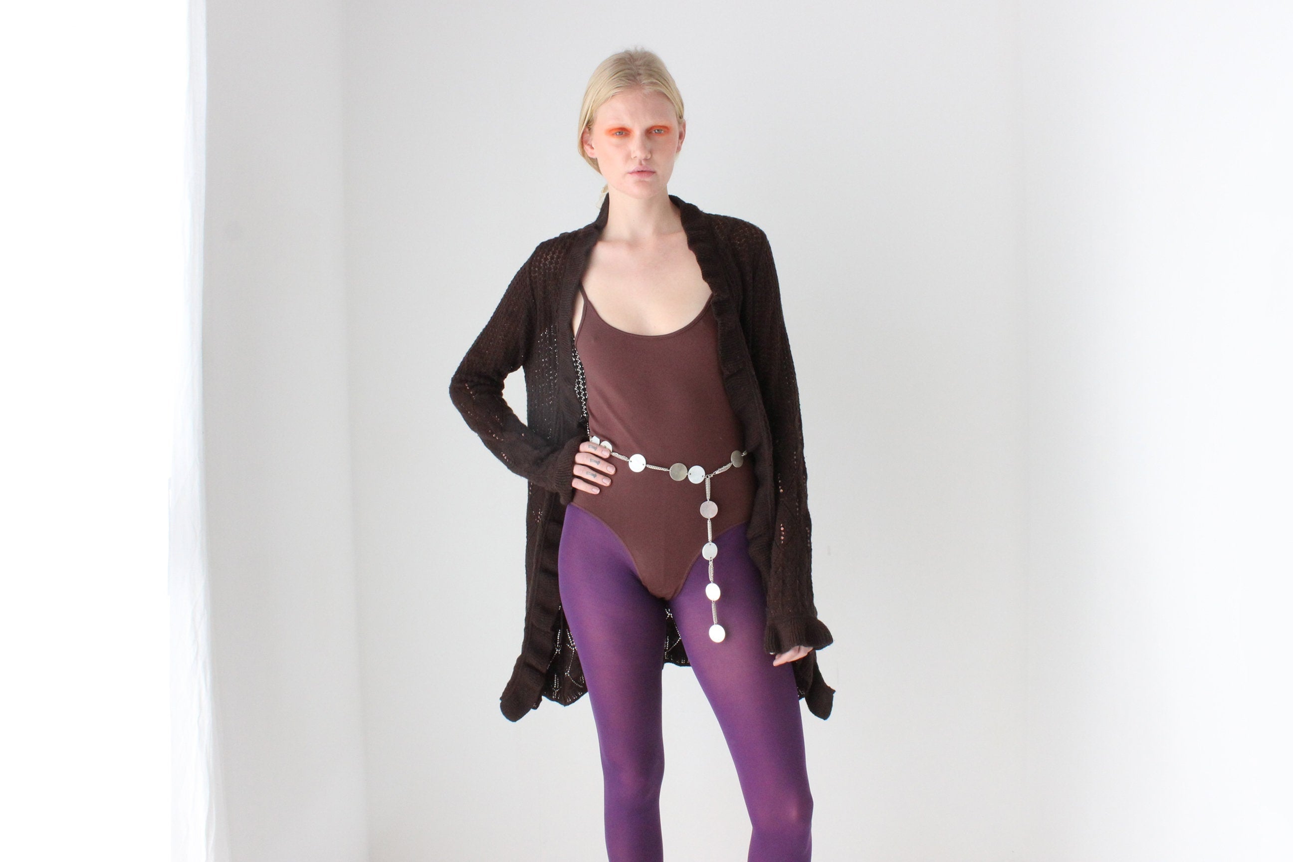 Y2K Pure Wool Ruffle Crochet Knit Fitted Long Cardigan