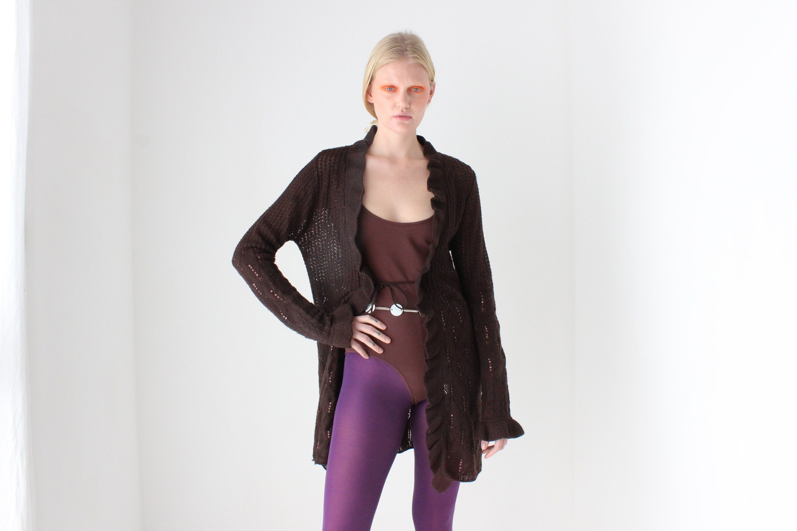 Y2K Pure Wool Ruffle Crochet Knit Fitted Long Cardigan