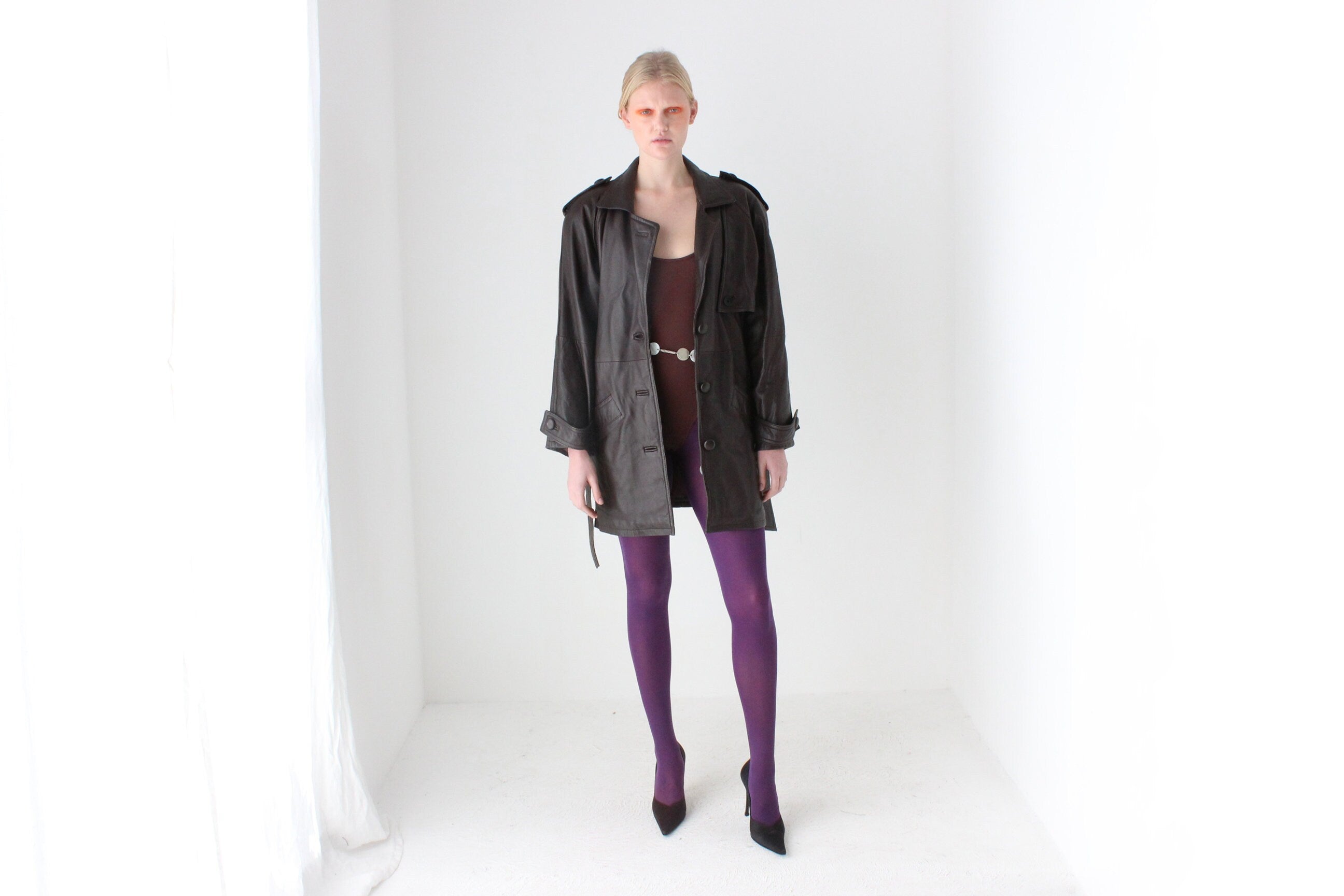 80s Softest Lambskin Chocolate Leather Belted Oversized Trench Coat