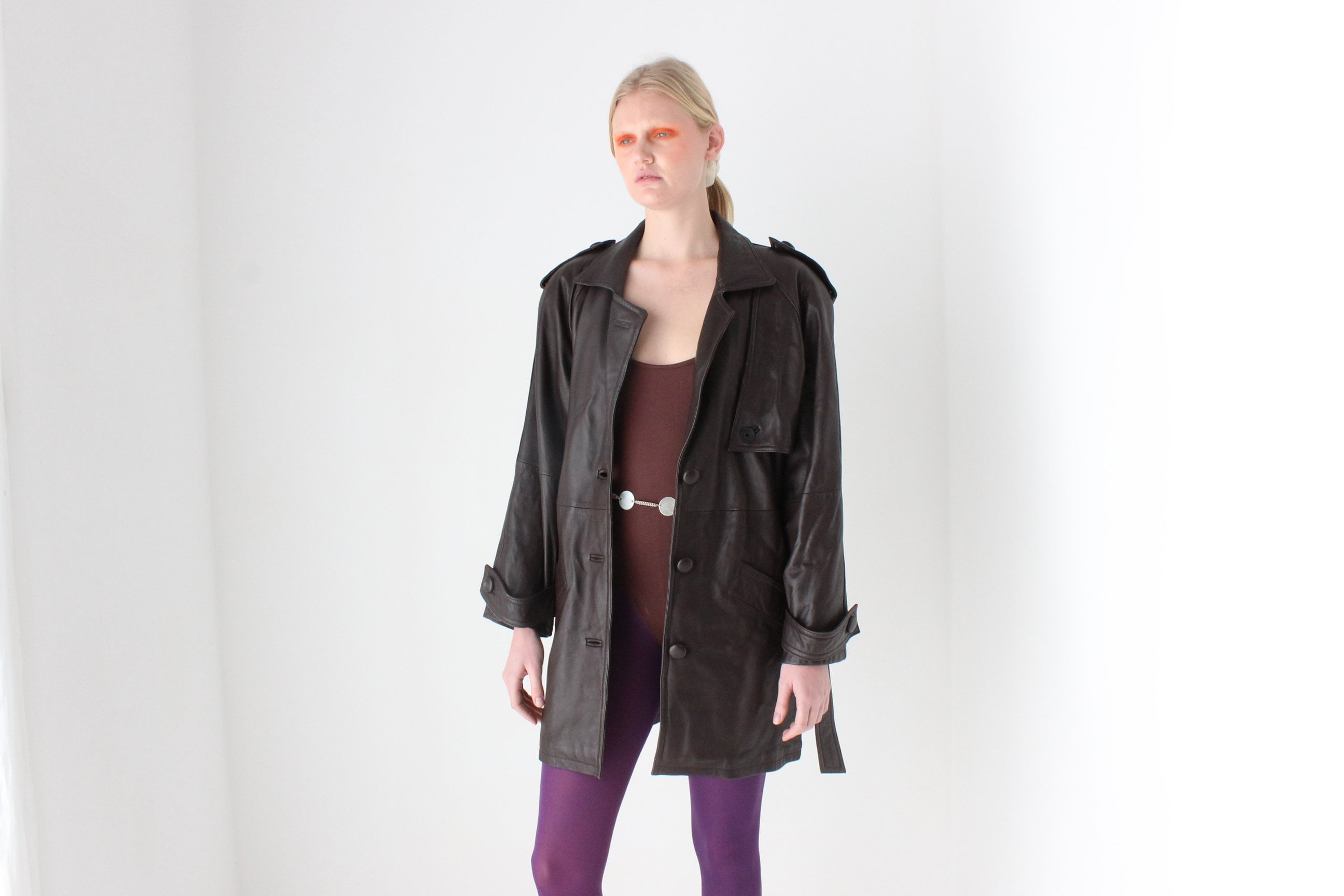 80s Softest Lambskin Chocolate Leather Belted Oversized Trench Coat