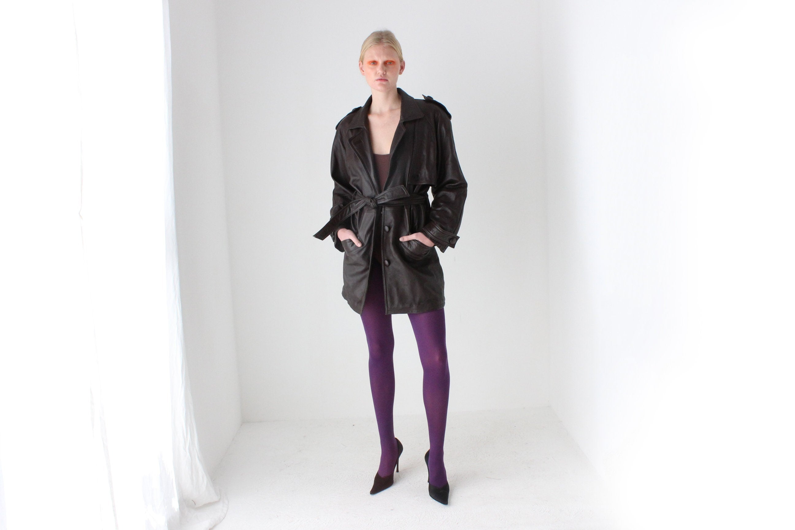 80s Softest Lambskin Chocolate Leather Belted Oversized Trench Coat