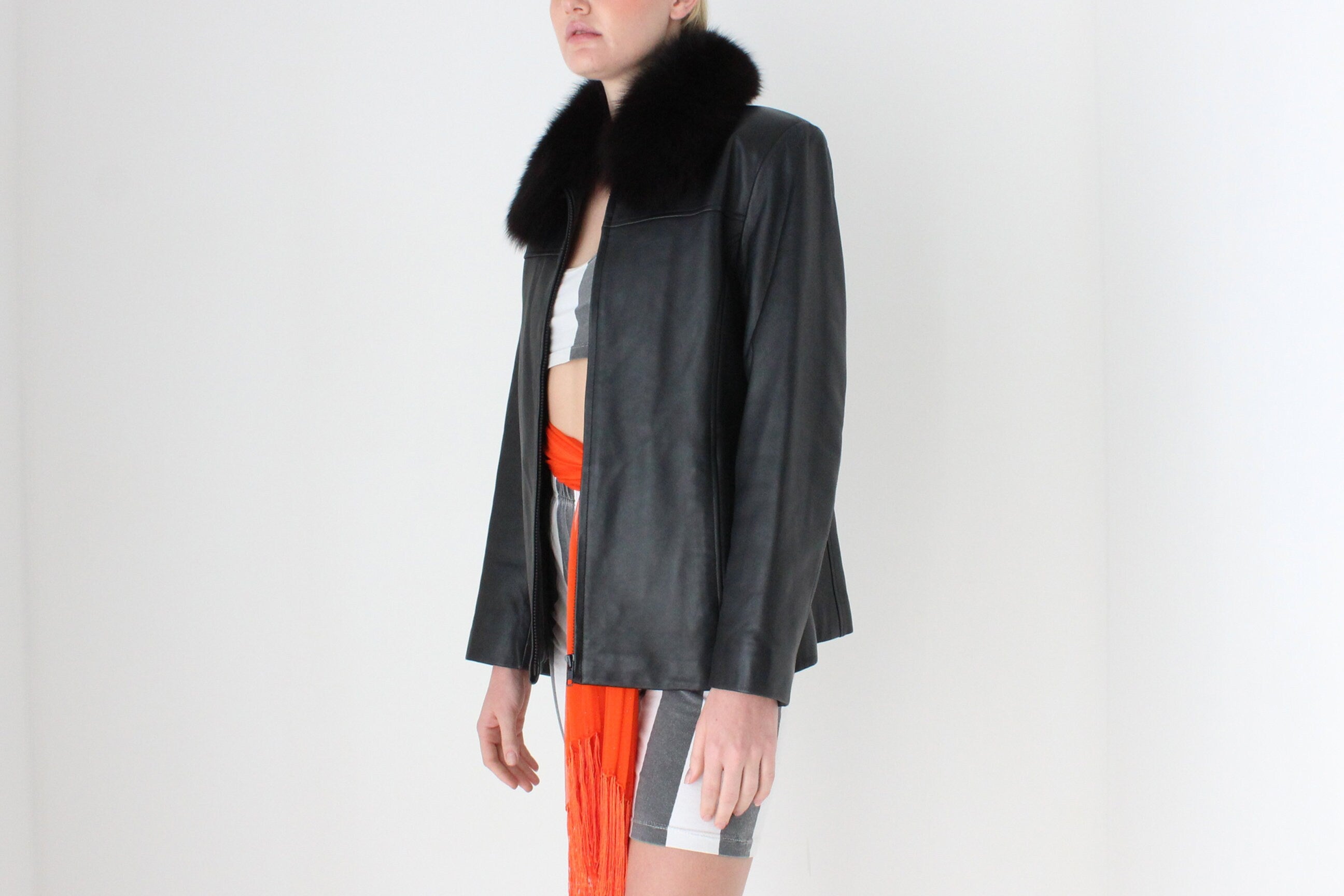Y2K {Genuine Lambskin LEATHER + Fox FUR Collar} Zip Front Bomber Jacket