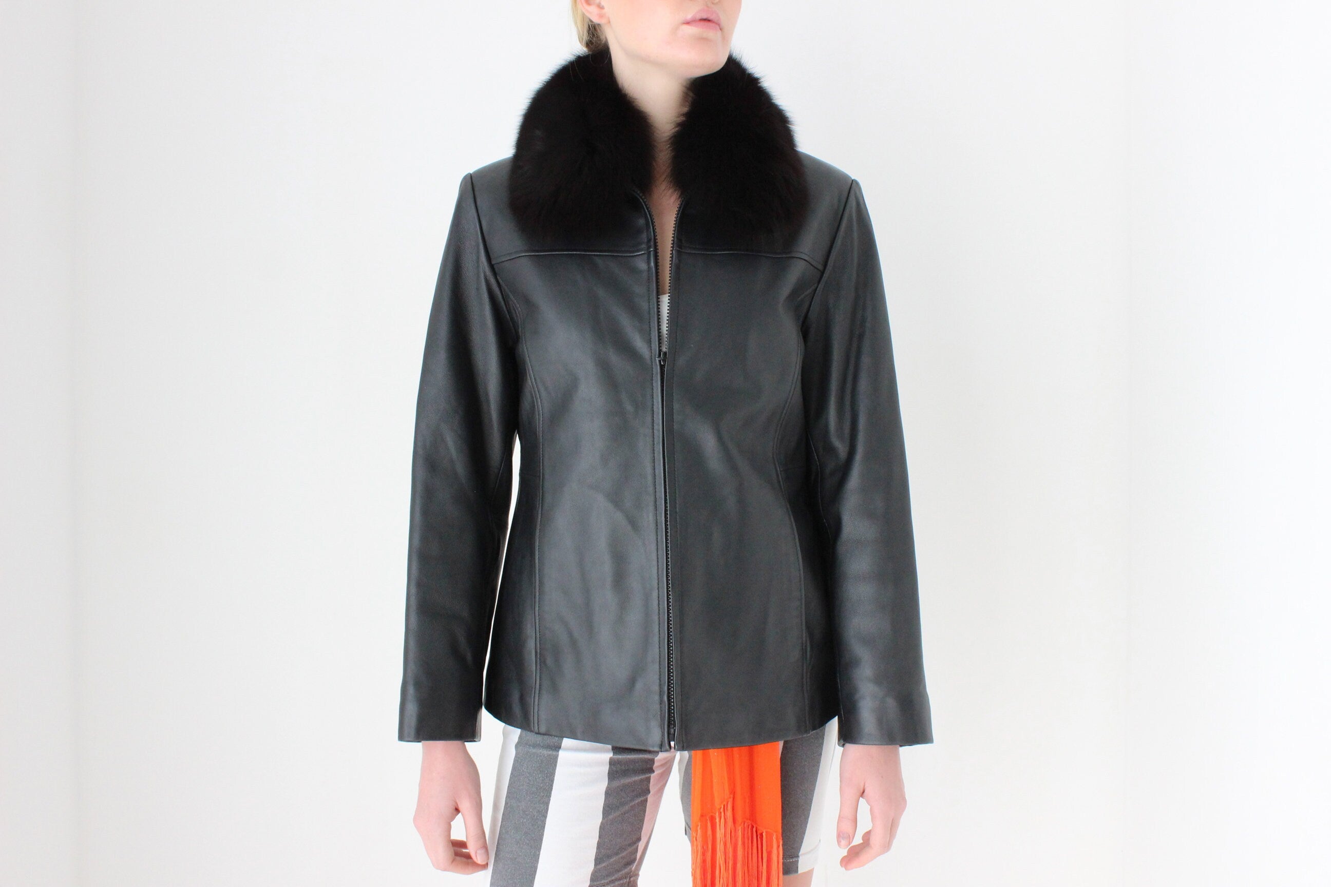 Y2K {Genuine Lambskin LEATHER + Fox FUR Collar} Zip Front Bomber Jacket