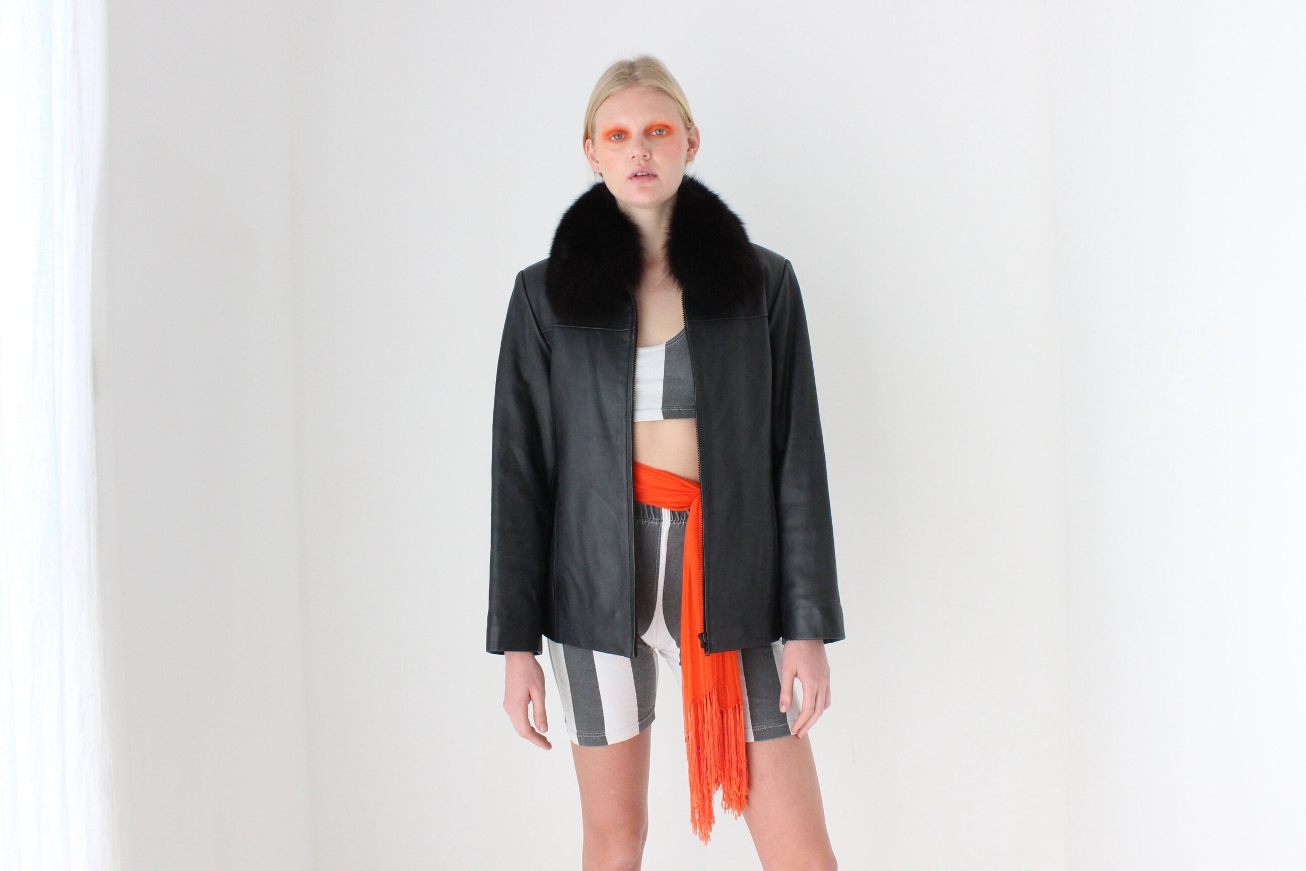 Y2K {Genuine Lambskin LEATHER + Fox FUR Collar} Zip Front Bomber Jacket