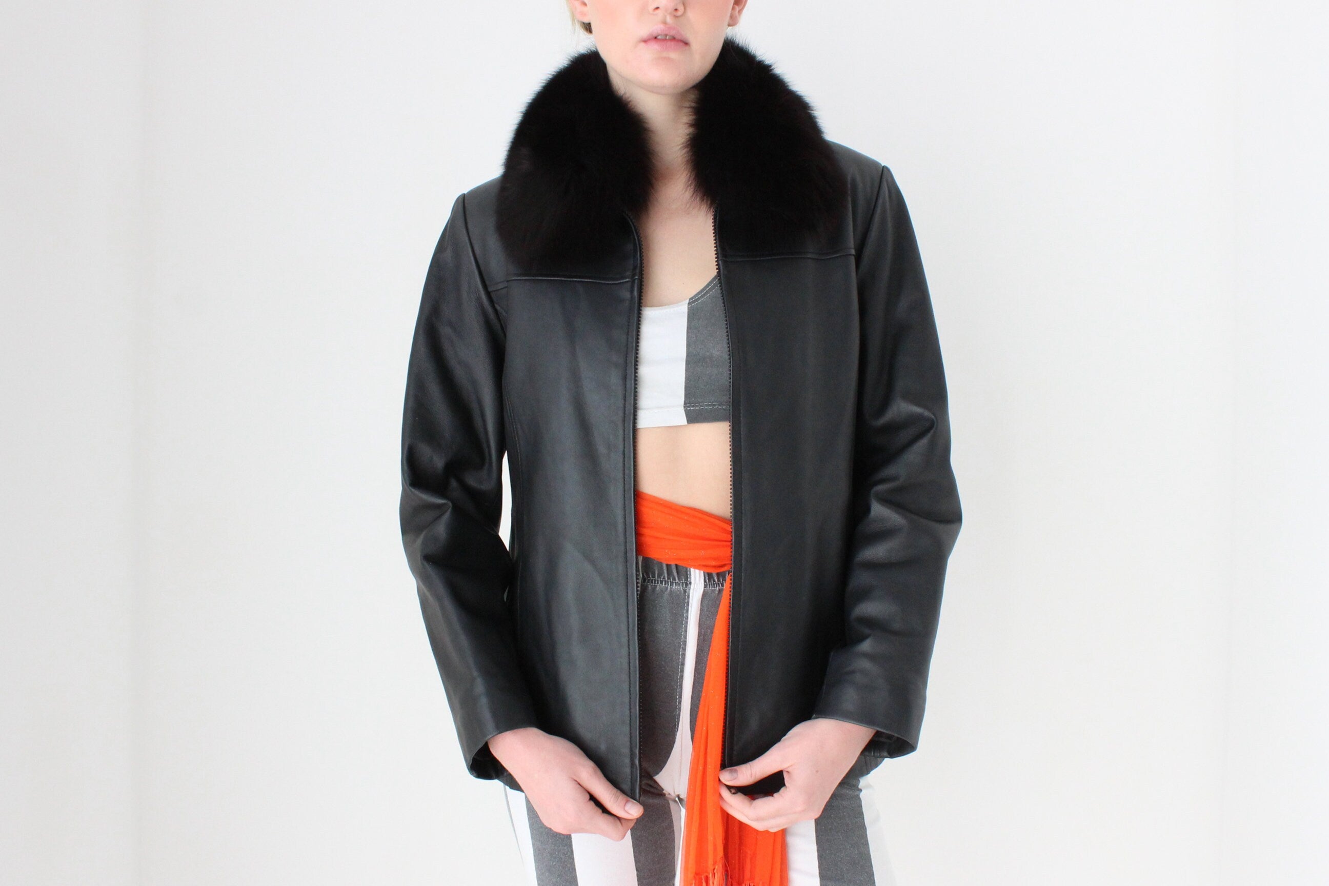 Y2K {Genuine Lambskin LEATHER + Fox FUR Collar} Zip Front Bomber Jacket