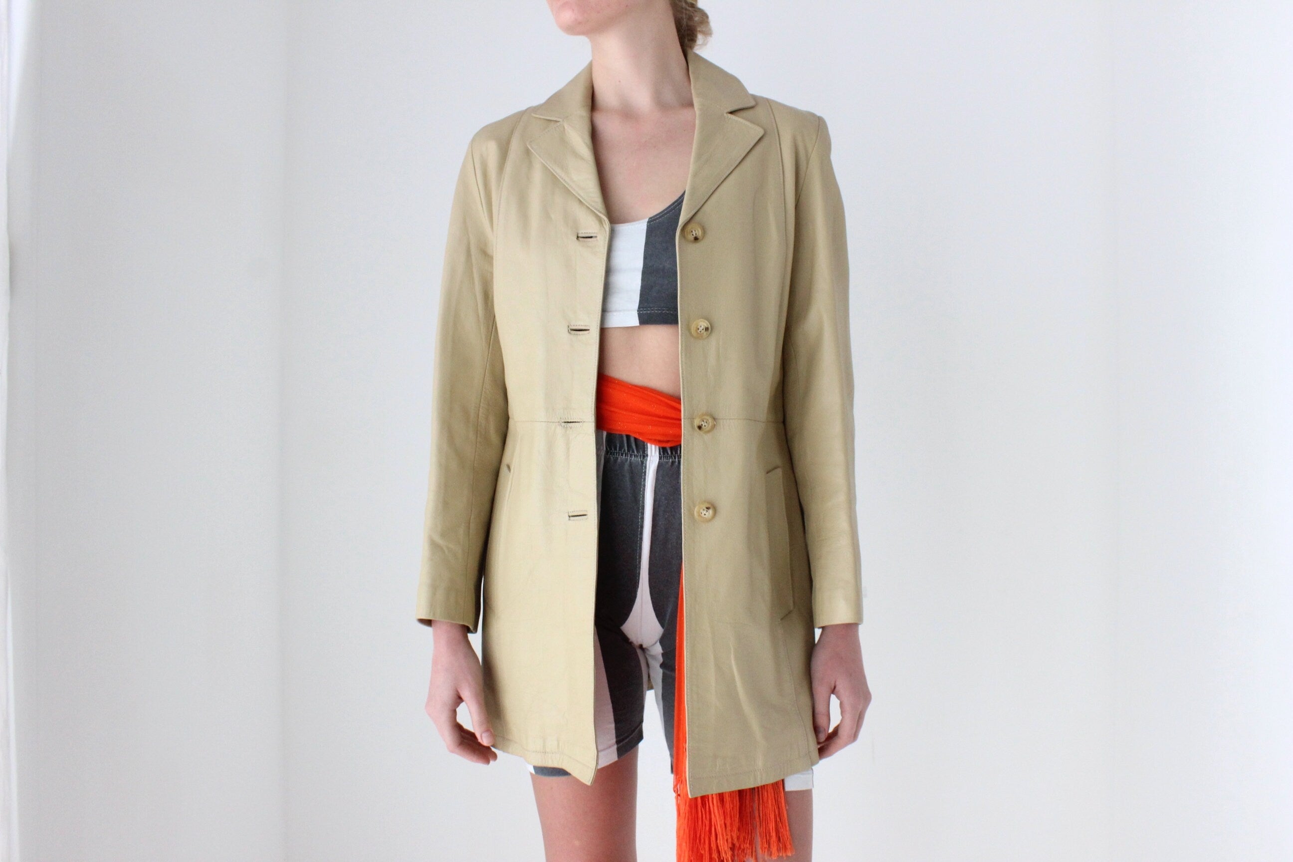 90s Spanish Leather Minimal Beige Button Up Coat by Manuel Herrero, Madrid