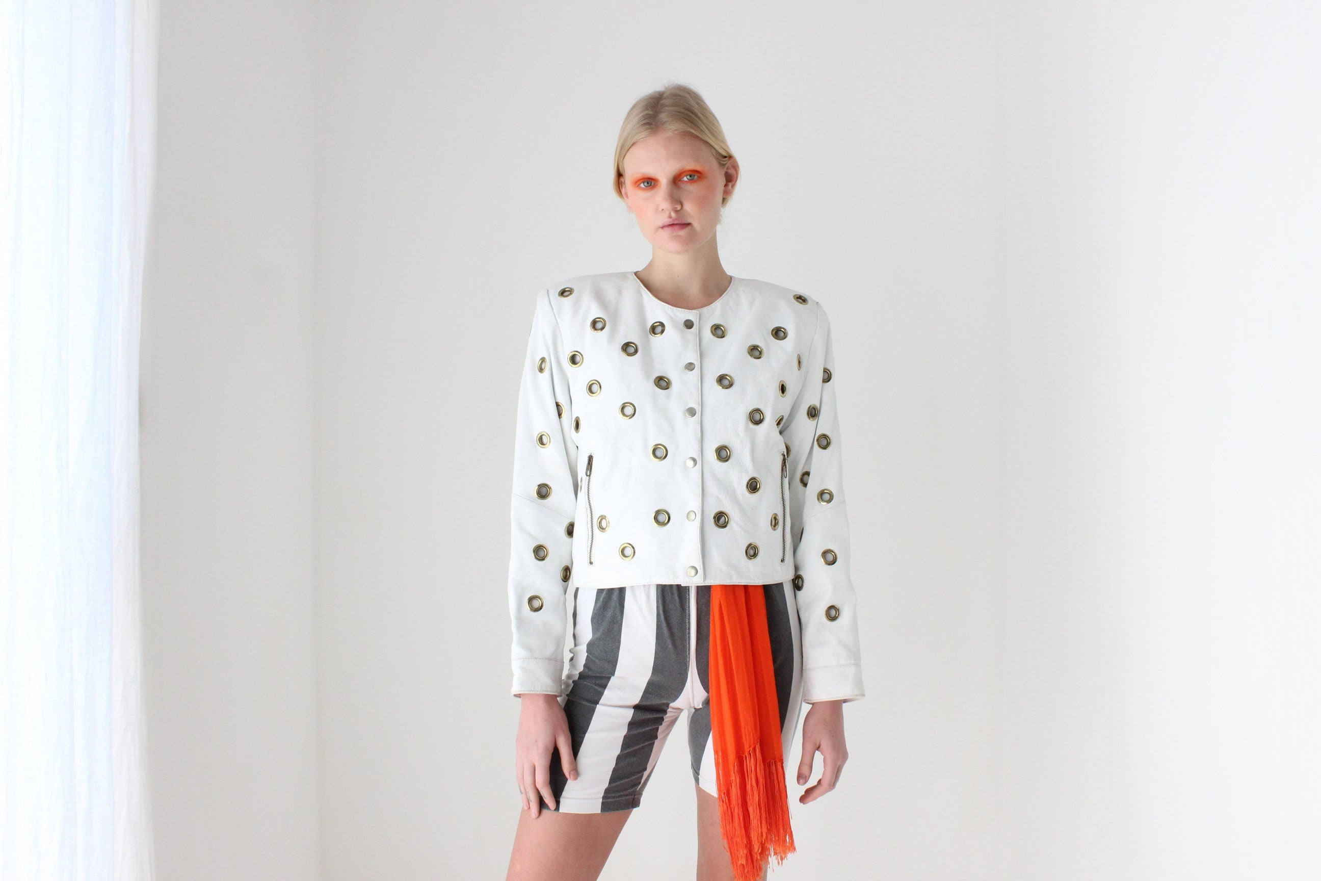 80s White Leather Cropped Jacket w/ Metal Grommets