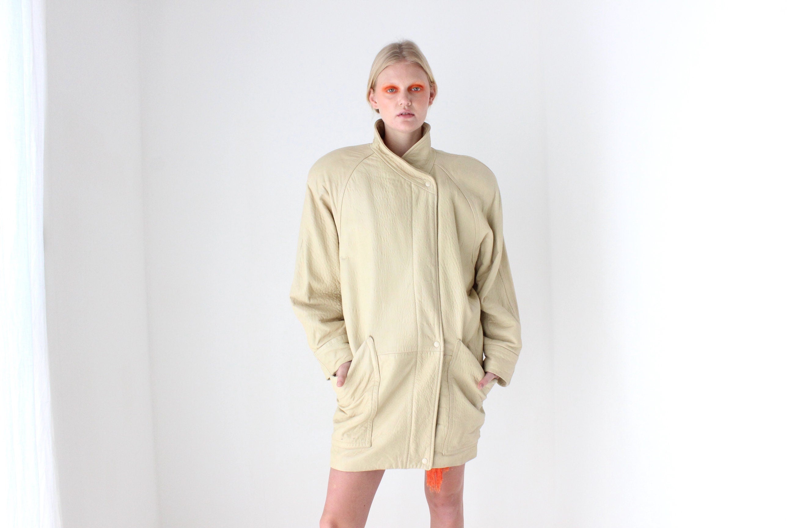80s Vakko Bold Shoulder Neutral Leather Coat