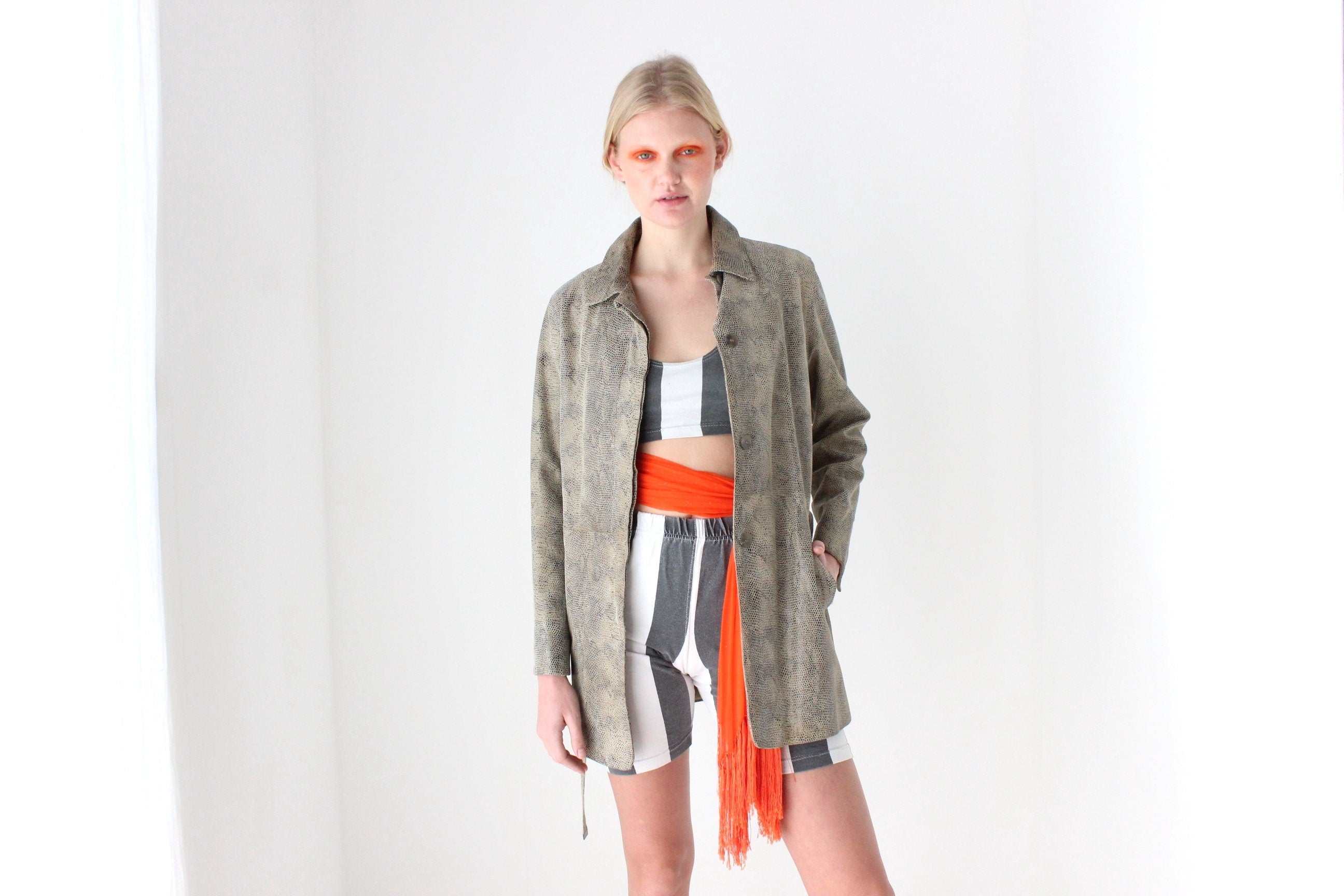 90s Snakeskin Python Look ~Genuine Leather~ Jacket w/ Tie Waist