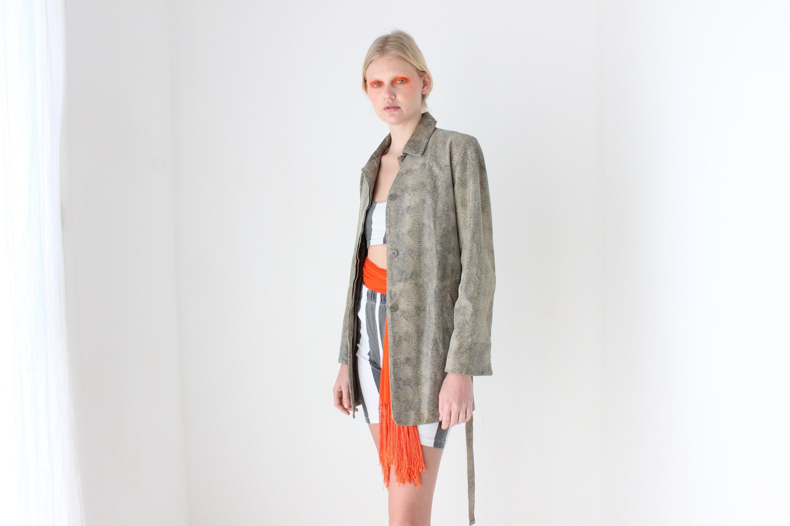 90s Snakeskin Python Look ~Genuine Leather~ Jacket w/ Tie Waist