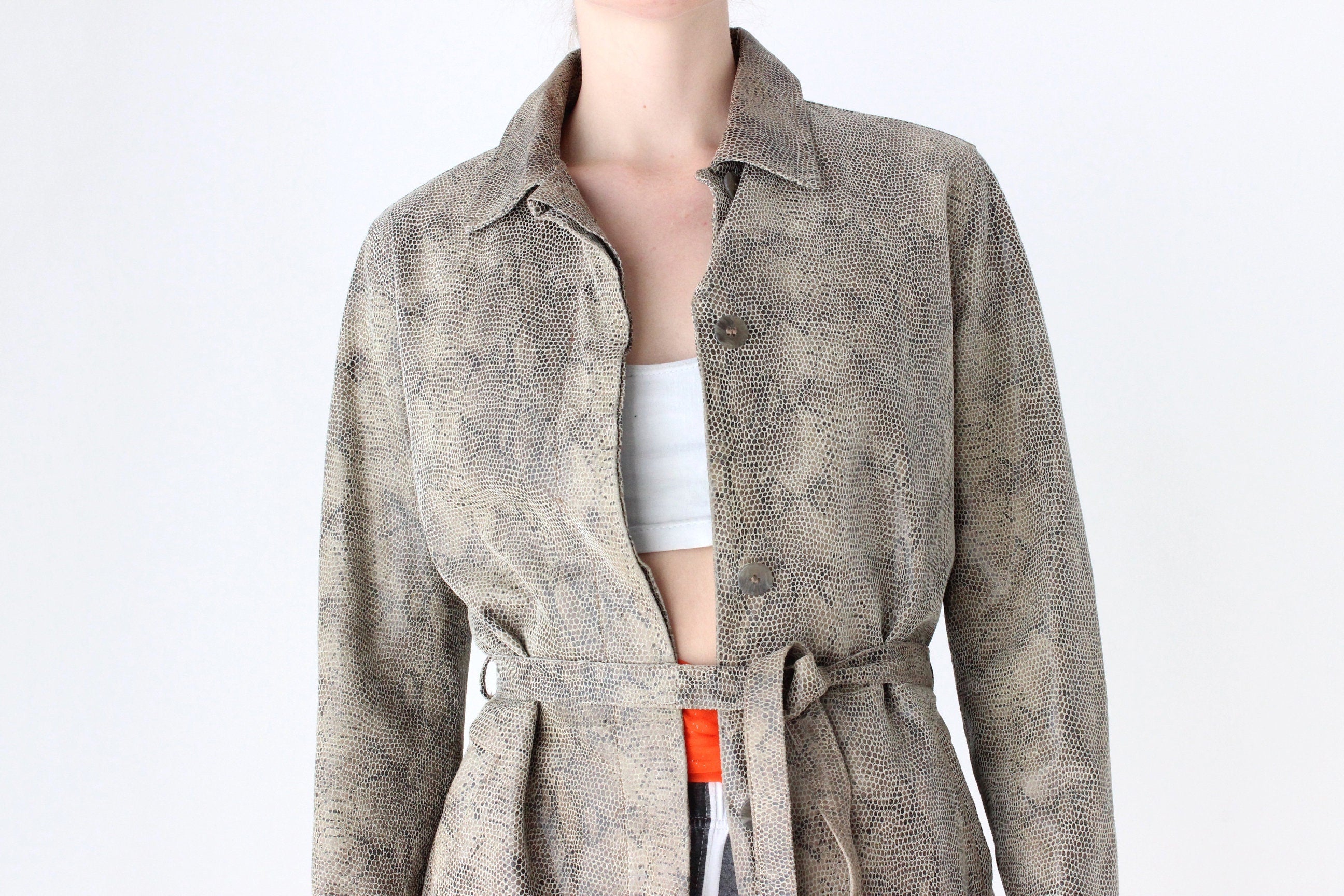 90s Snakeskin Python Look ~Genuine Leather~ Jacket w/ Tie Waist