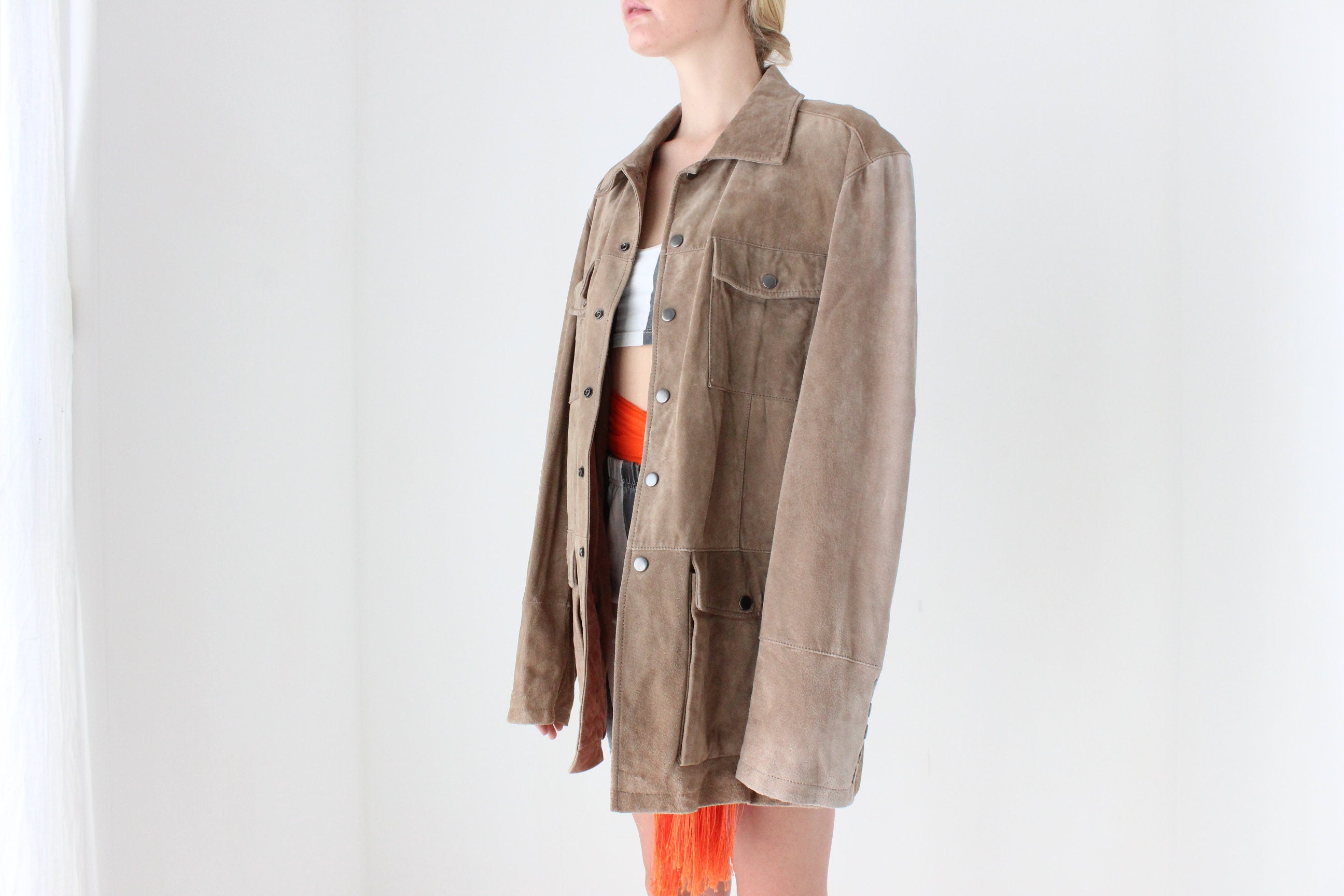 90s Danier Camel Suede Boxy "Cargo" Pocket Jacket