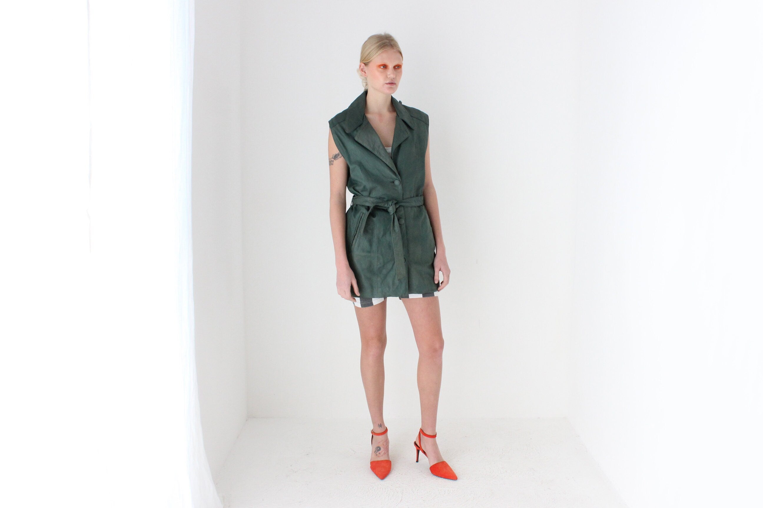 80s Deep Green Leather Long Waistcoat Vest w/ Waist Tie