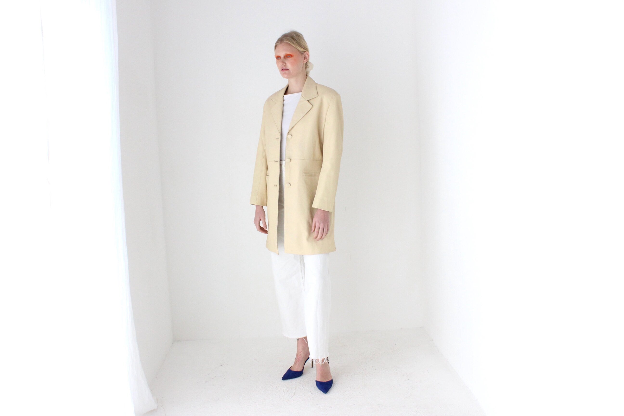 Sleek, Minimal 90s {Real Leather} Custom Made Ecru Cream Long Coat