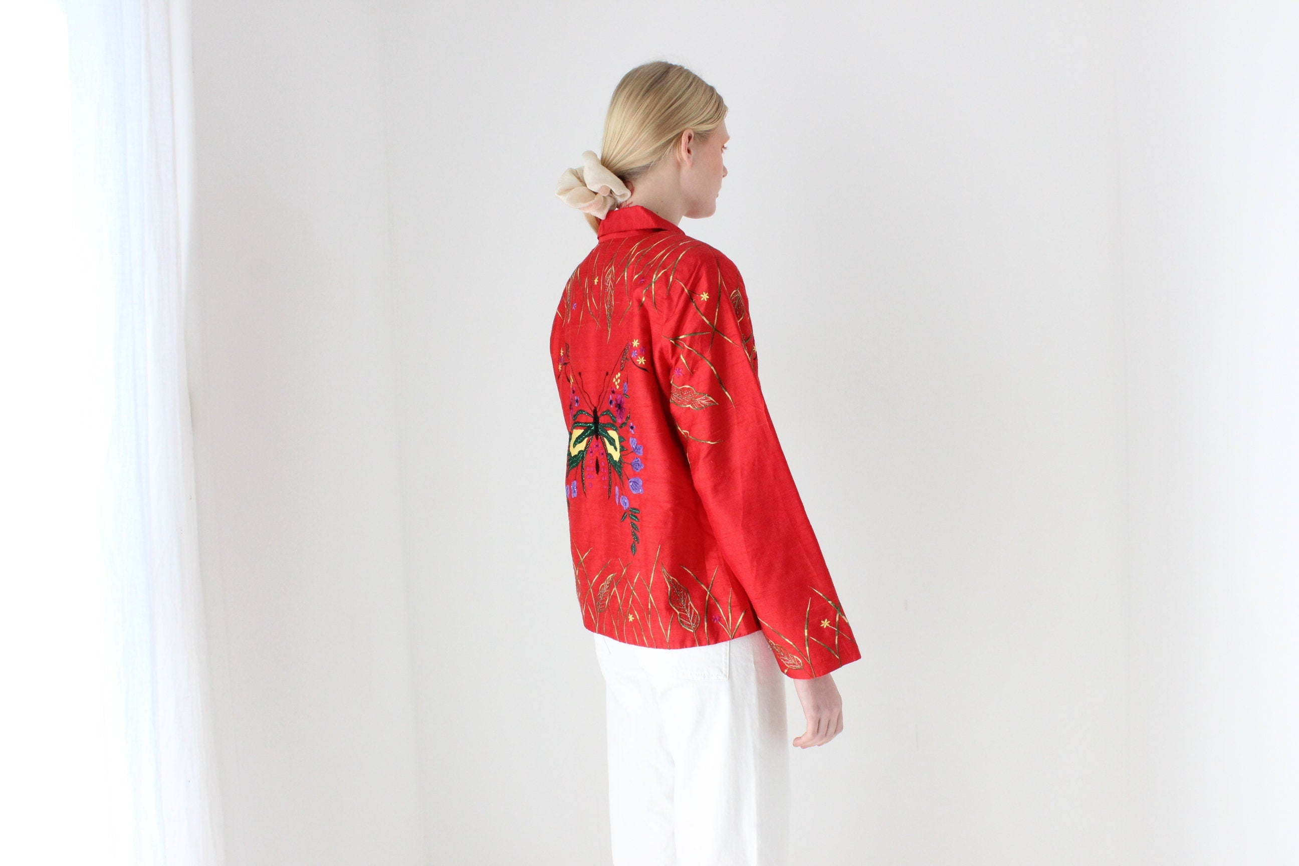 80s Raw Silk Butterfly Maximalist Embroidered Boxy Jacket