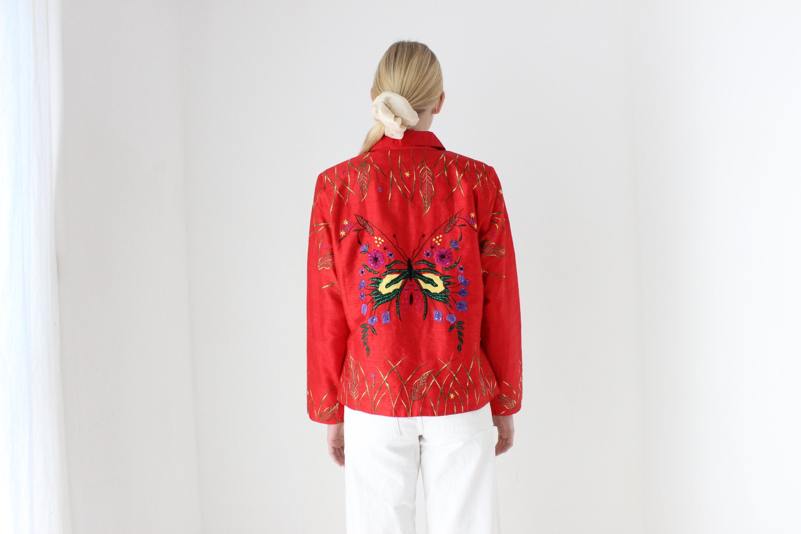 80s Raw Silk Butterfly Maximalist Embroidered Boxy Jacket