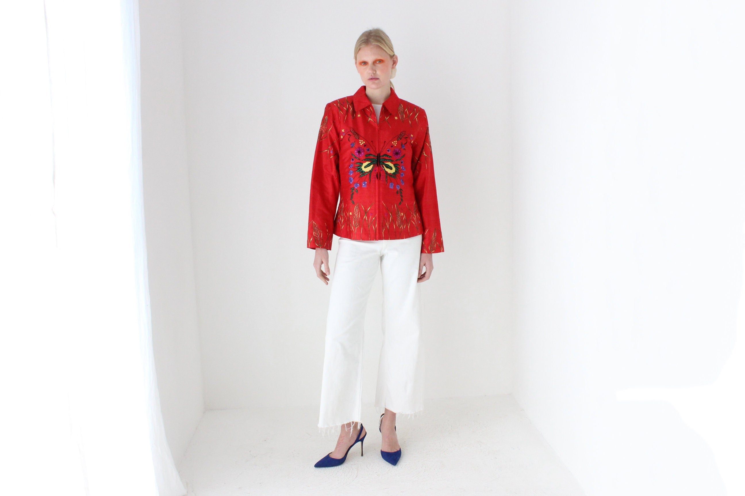 80s Raw Silk Butterfly Maximalist Embroidered Boxy Jacket