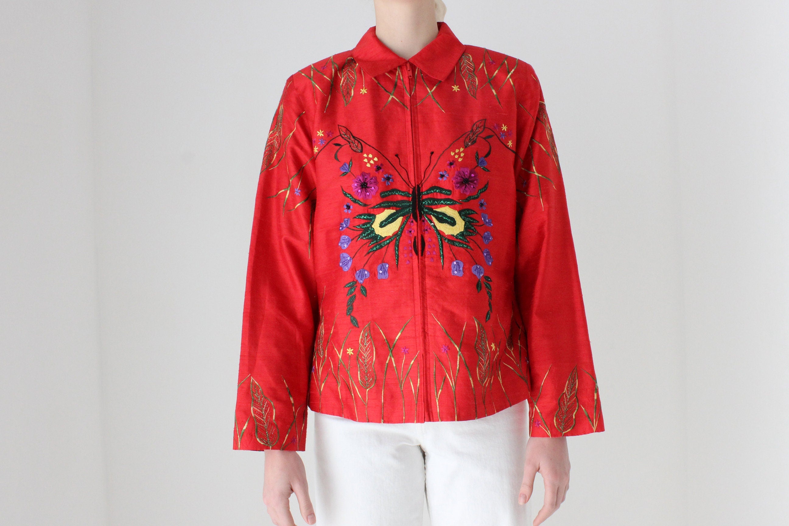80s Raw Silk Butterfly Maximalist Embroidered Boxy Jacket