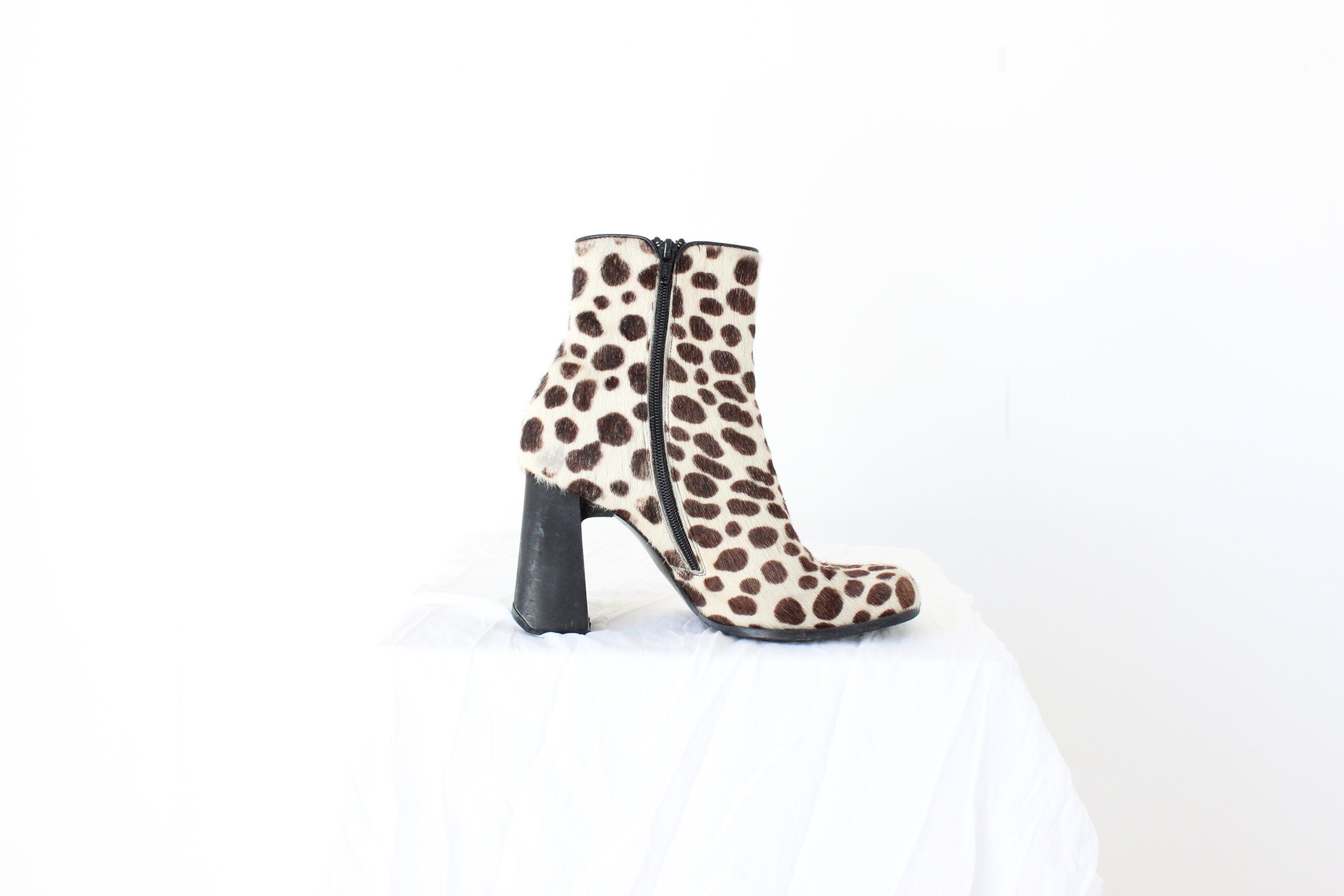 90s Pony Fur / Calfskin Polka Dot Animal Spot Boots - Euro 39