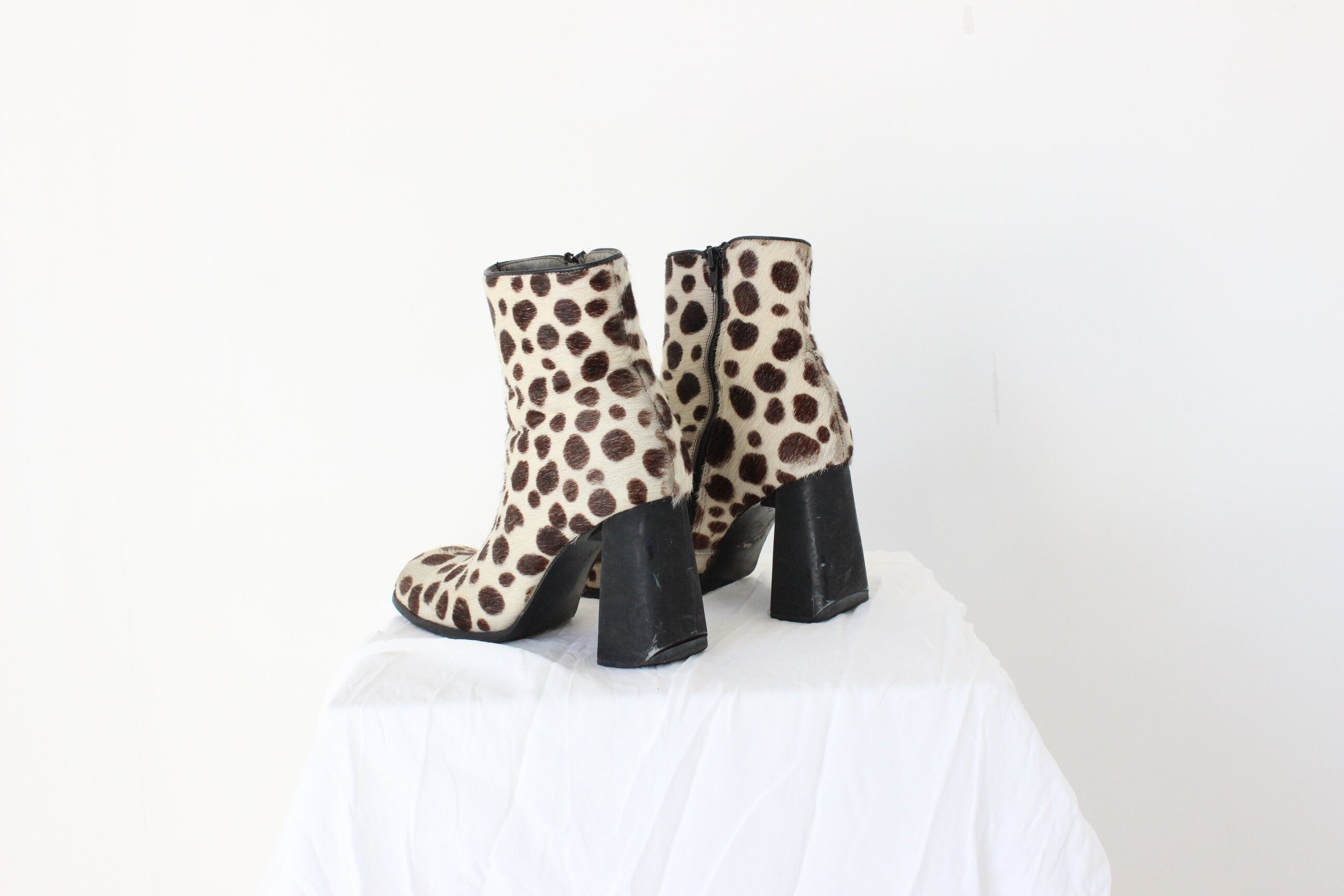 90s Pony Fur / Calfskin Polka Dot Animal Spot Boots - Euro 39