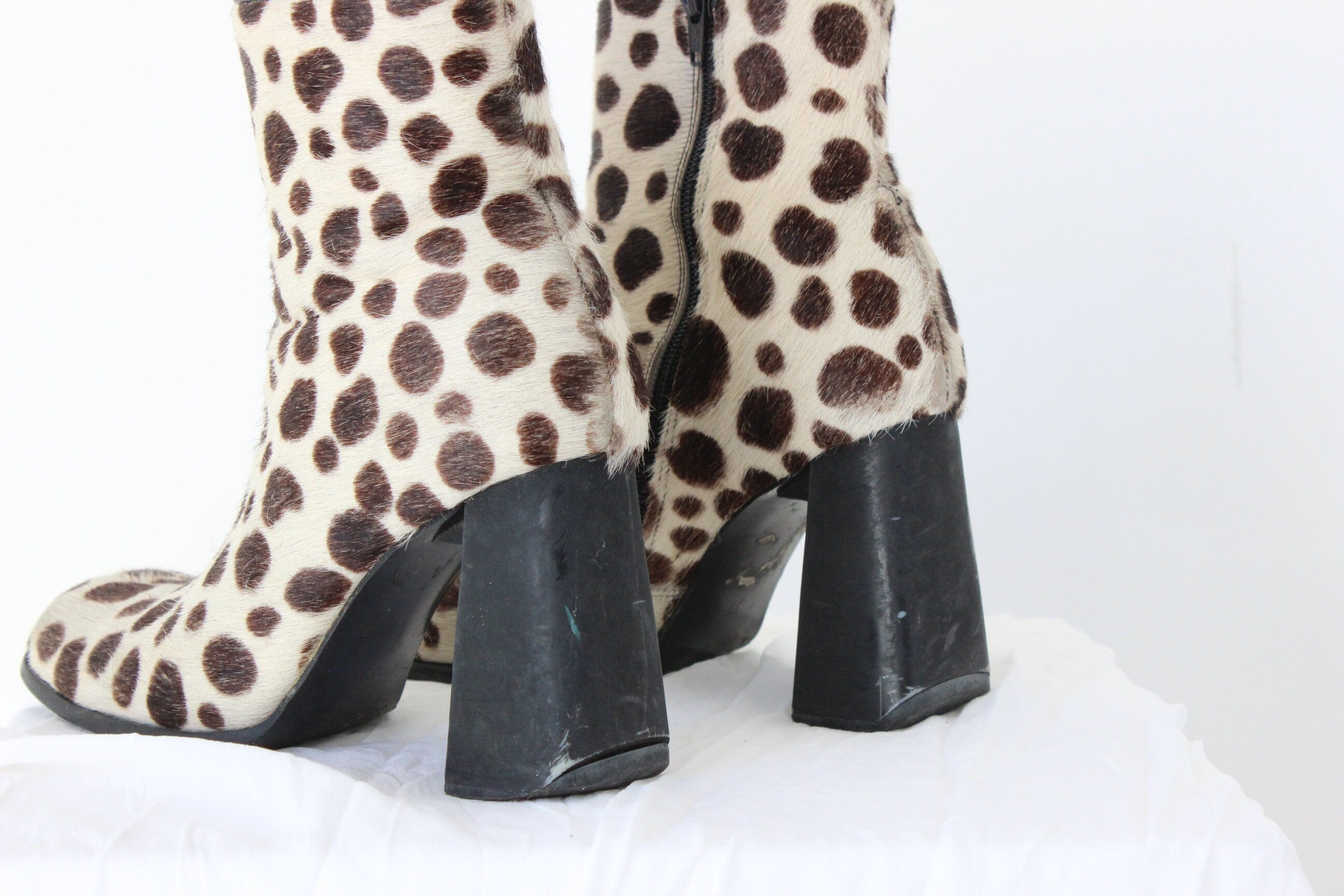 90s Pony Fur / Calfskin Polka Dot Animal Spot Boots - Euro 39