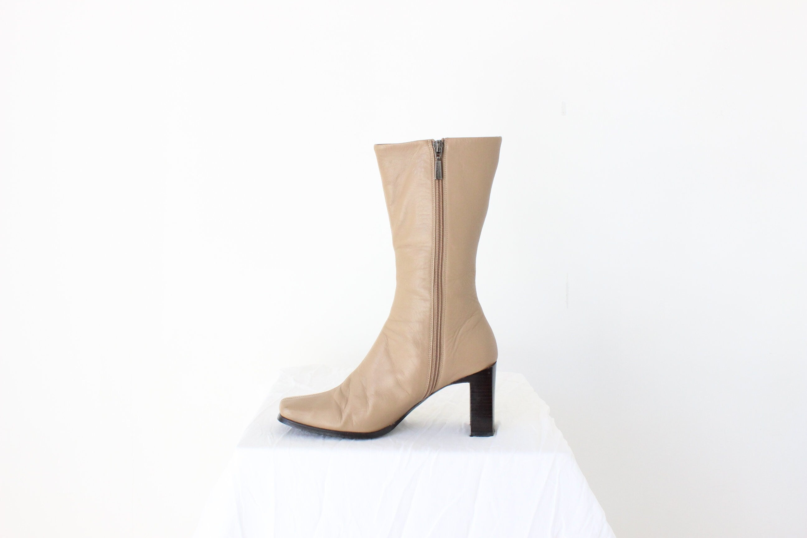 90s Camel Leather Square Toe / Chunky Heel Calf Boots - Euro 38.5