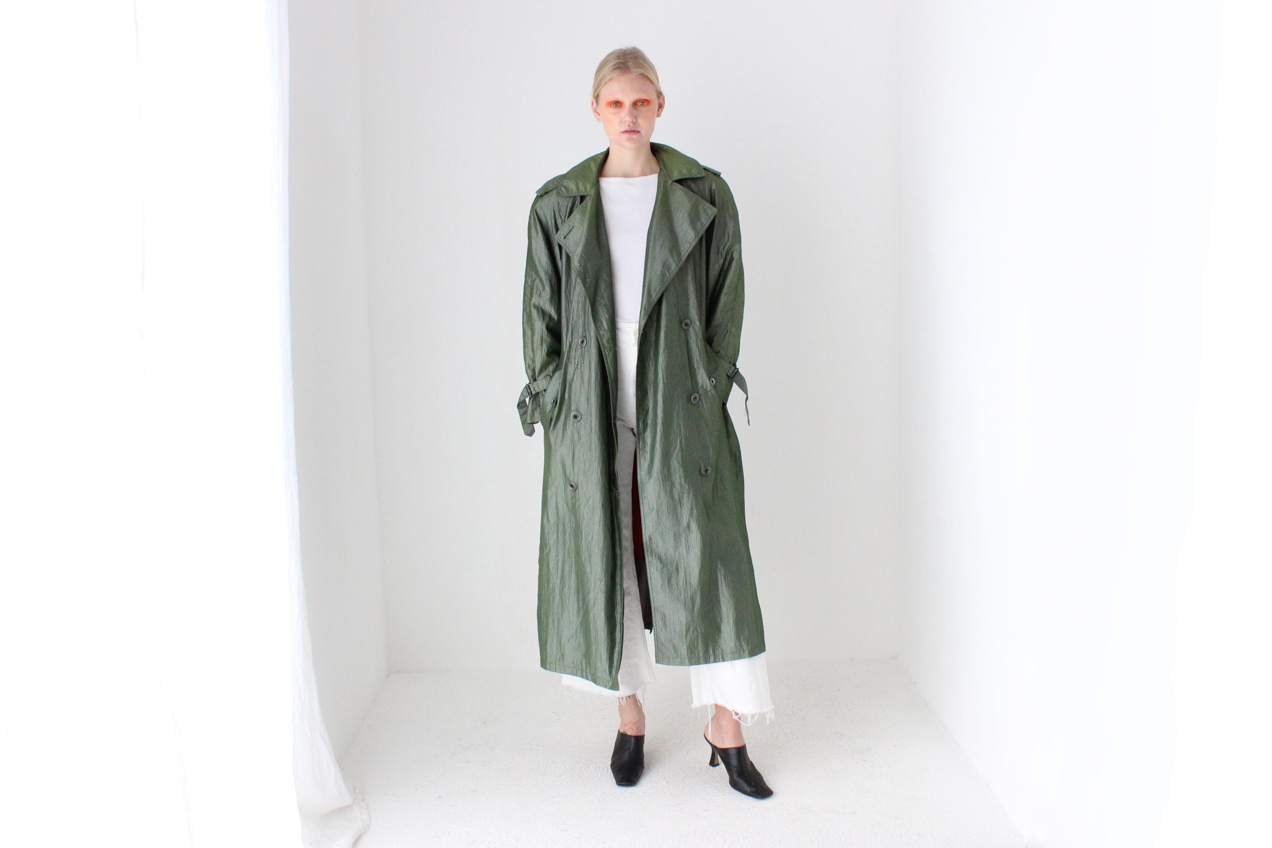80s Iridescent Green Belted Trench Coat by Jones New York w/ Pure Wool Lining