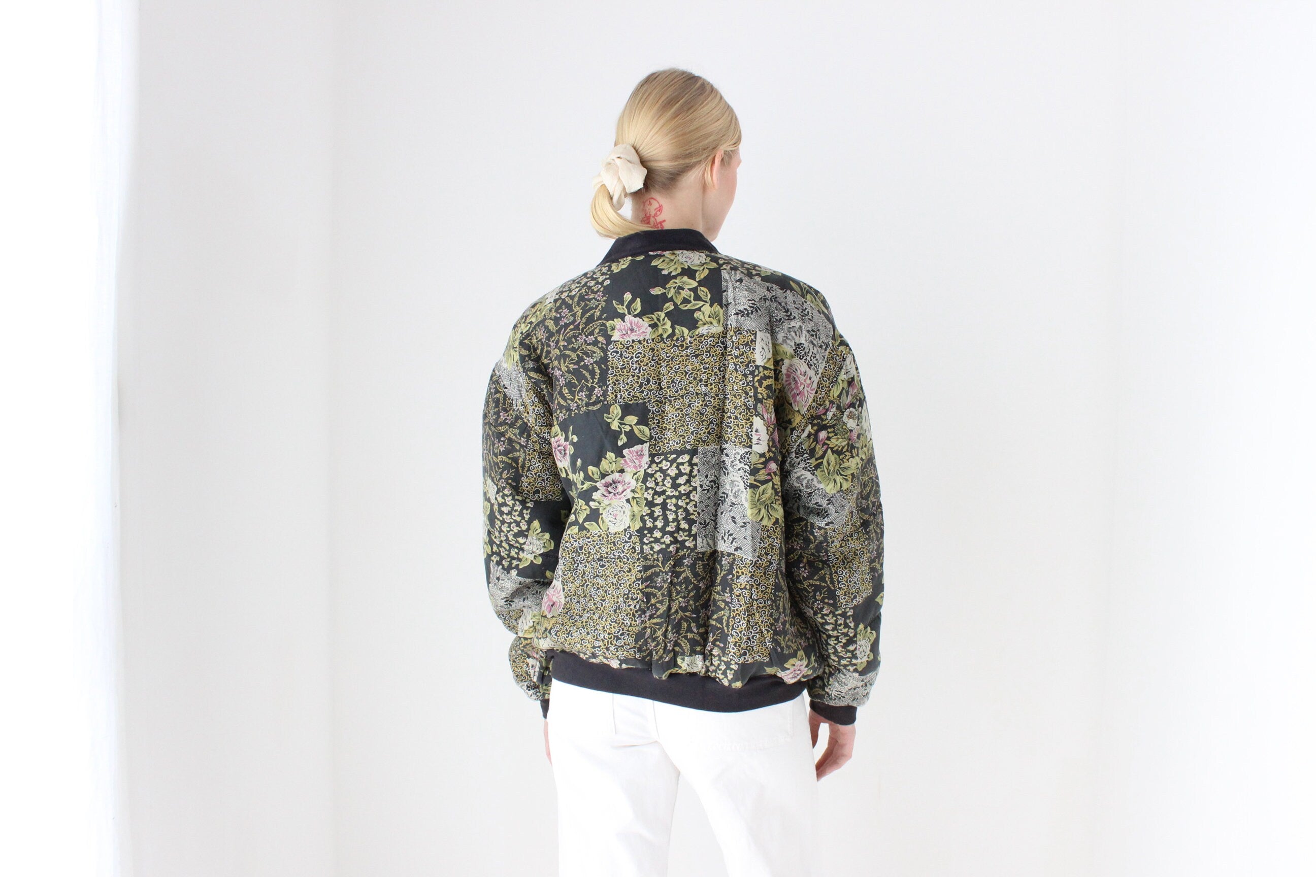 80s Pure Silk Floral Print Quilted Bomber Jacket