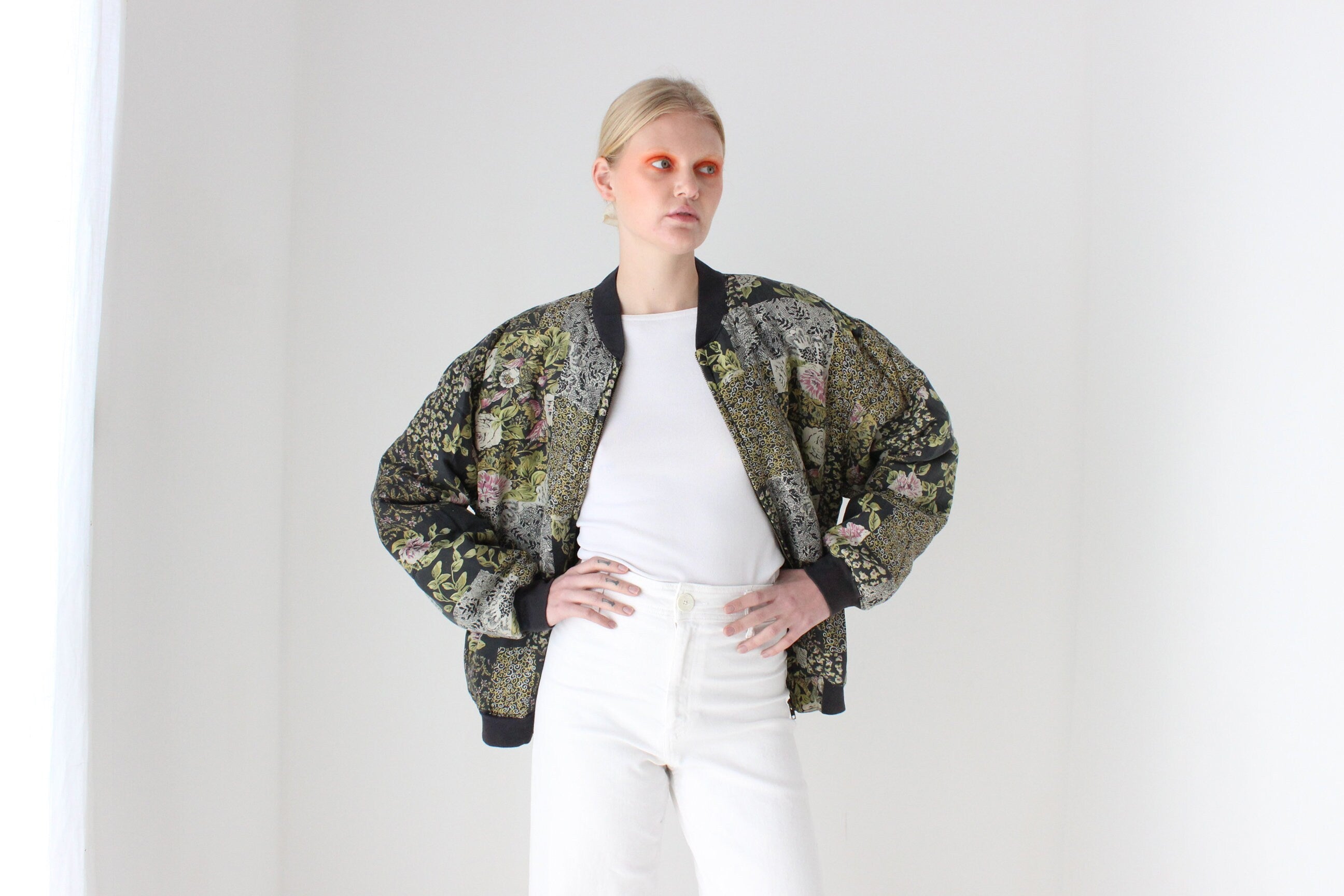 80s Pure Silk Floral Print Quilted Bomber Jacket