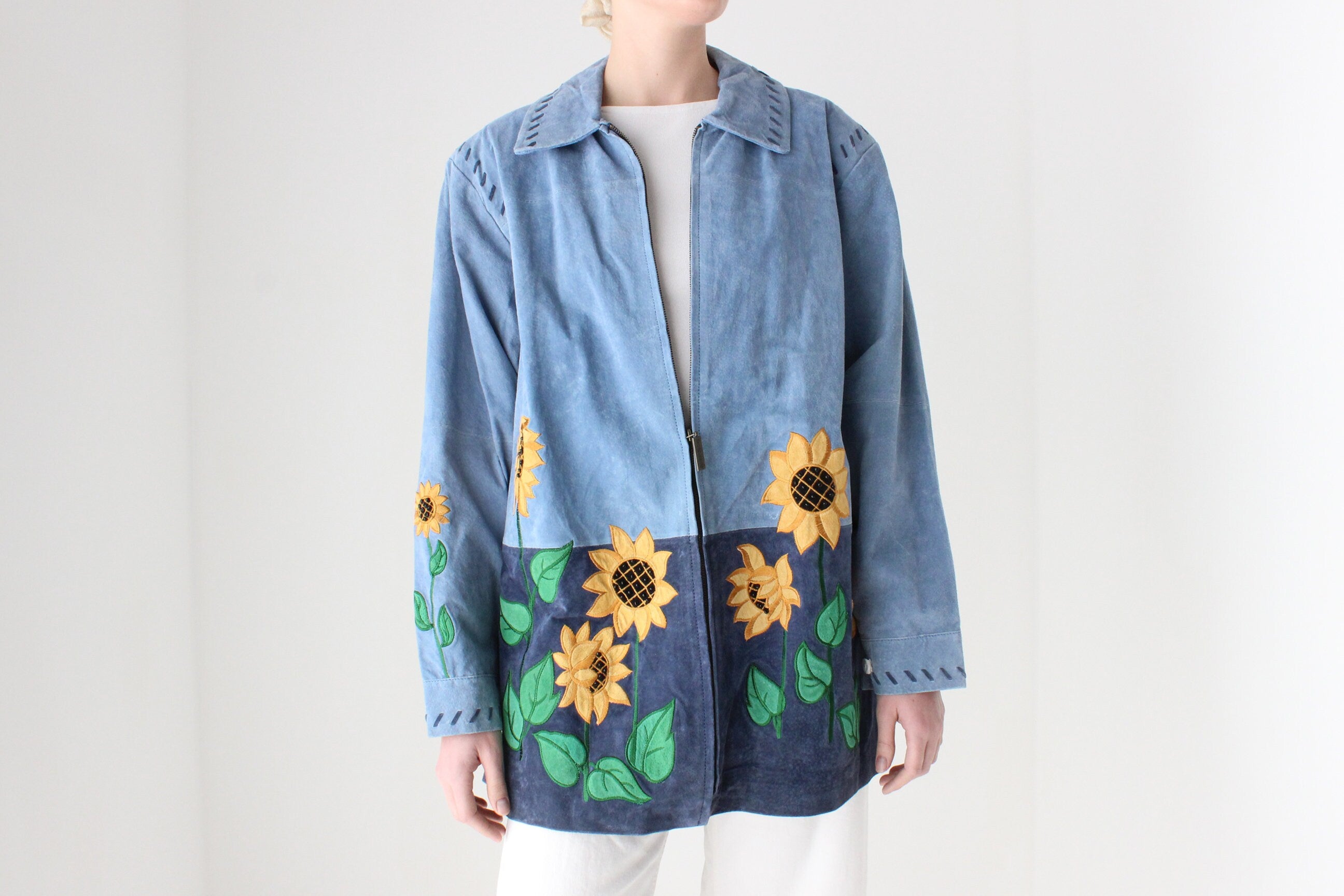 90s Suede Sunflower Patchwork Oversized Zip Front XL Jacket
