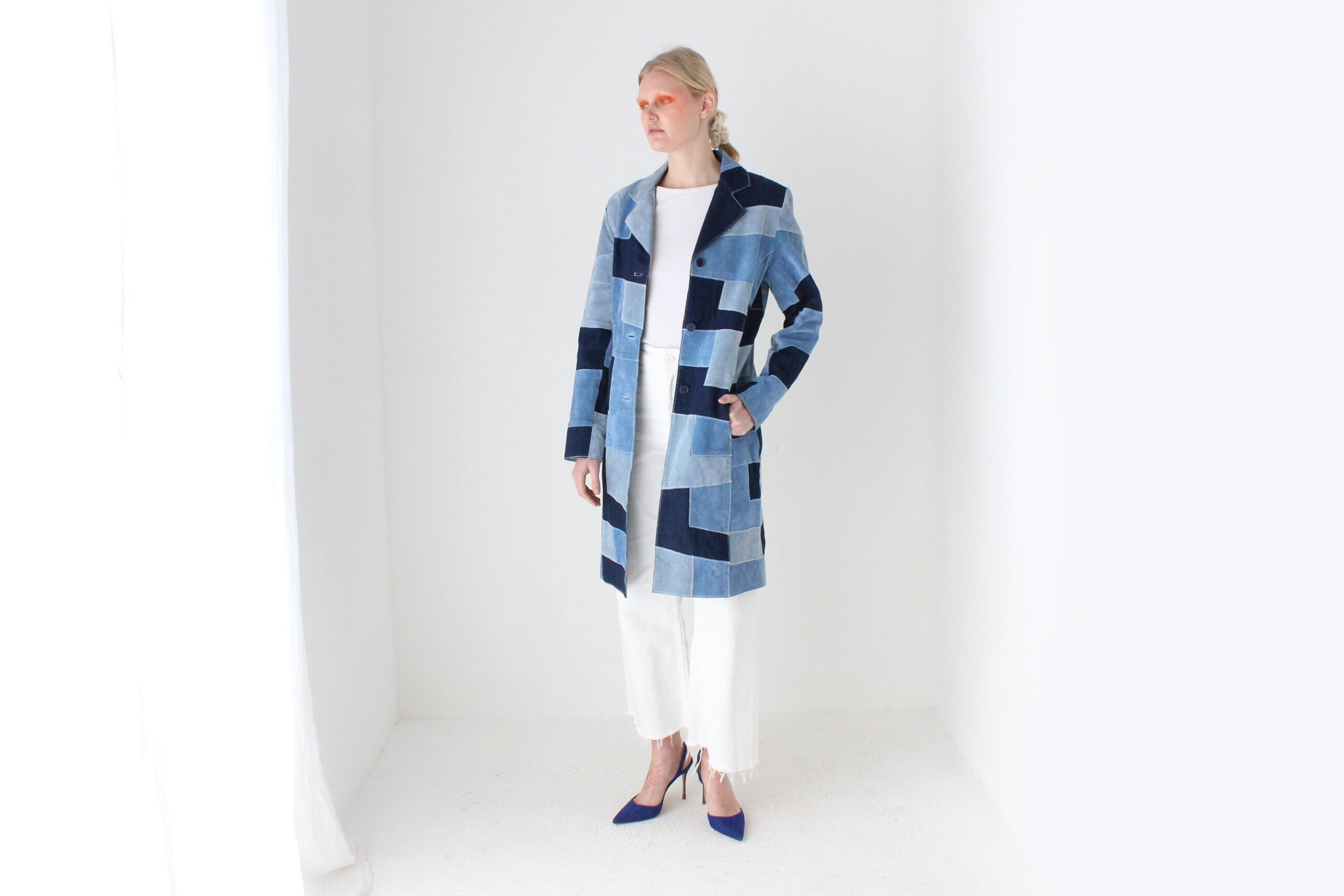 90s Does 70s Suede & Denim Patchwork Trench Coat