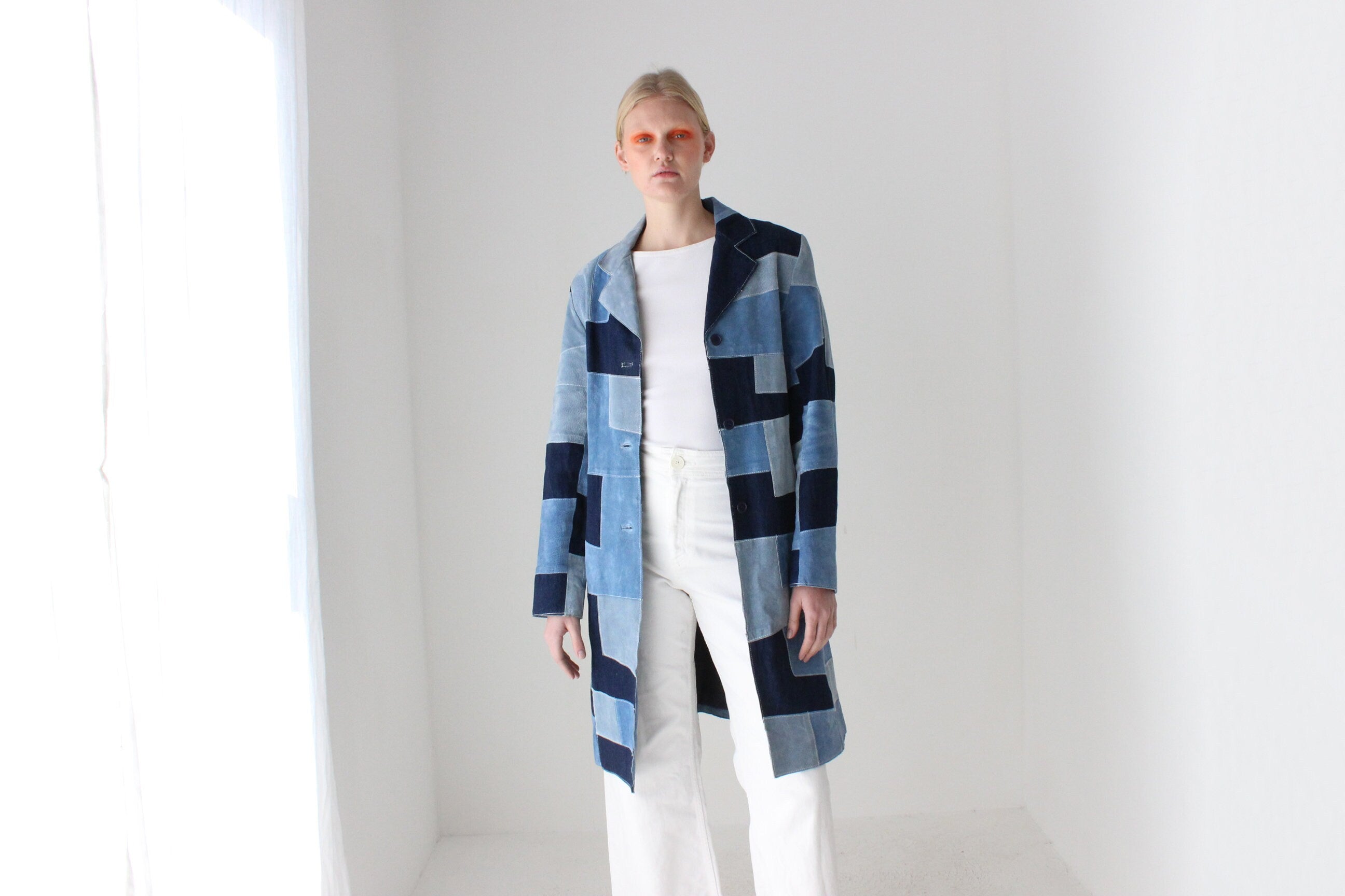 90s Does 70s Suede & Denim Patchwork Trench Coat