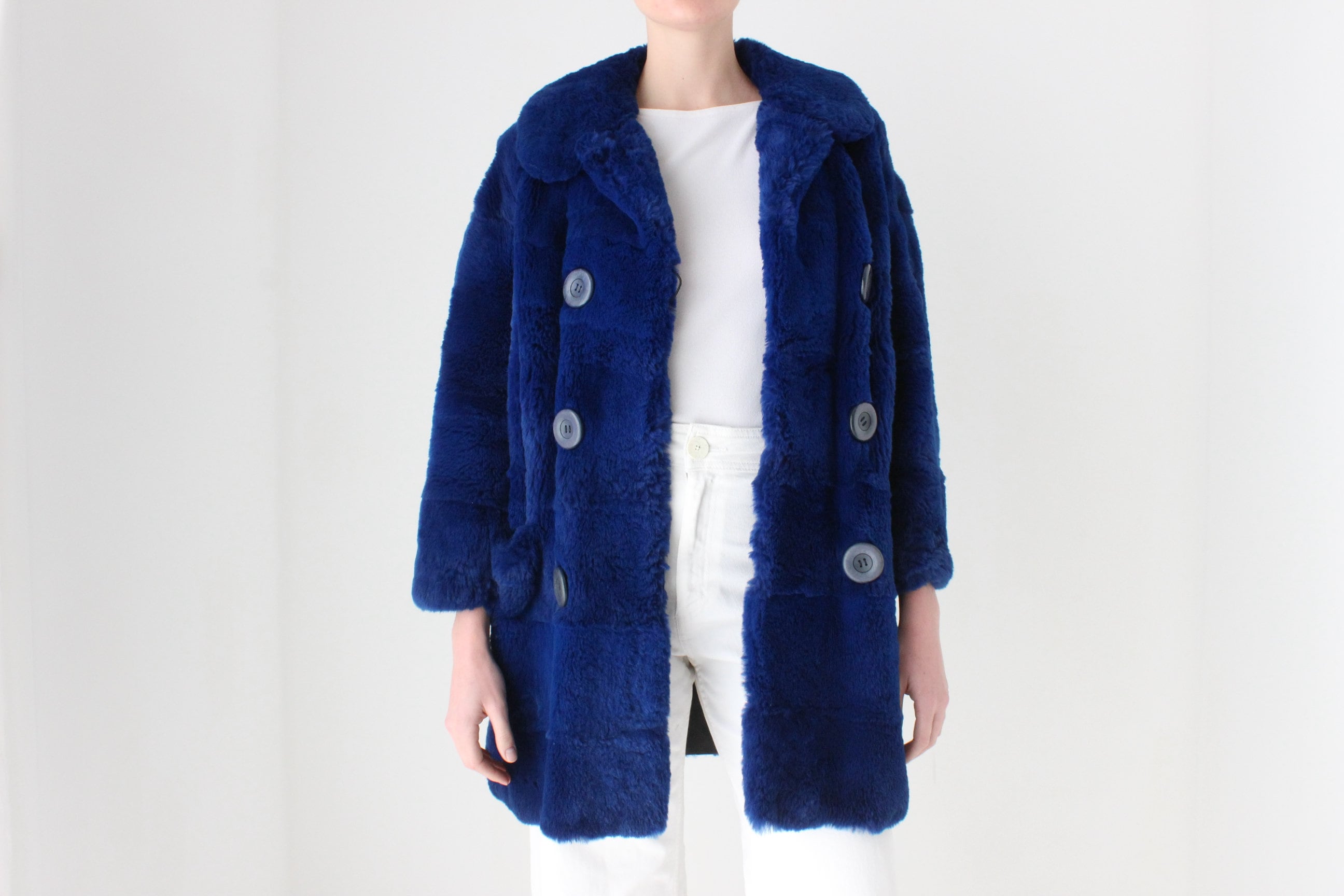 1980s Custom Made Real Rabbit Fur Deep Blue Coat