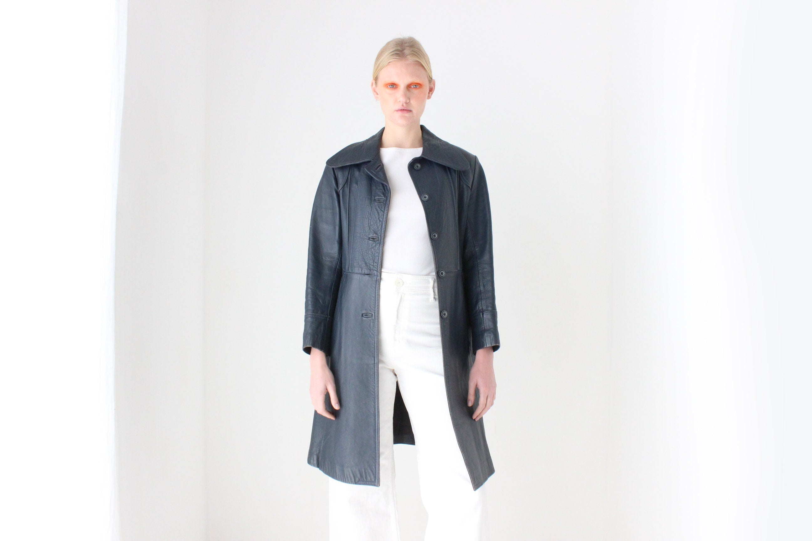 70s Navy Blue Long Leather Button Up Coat