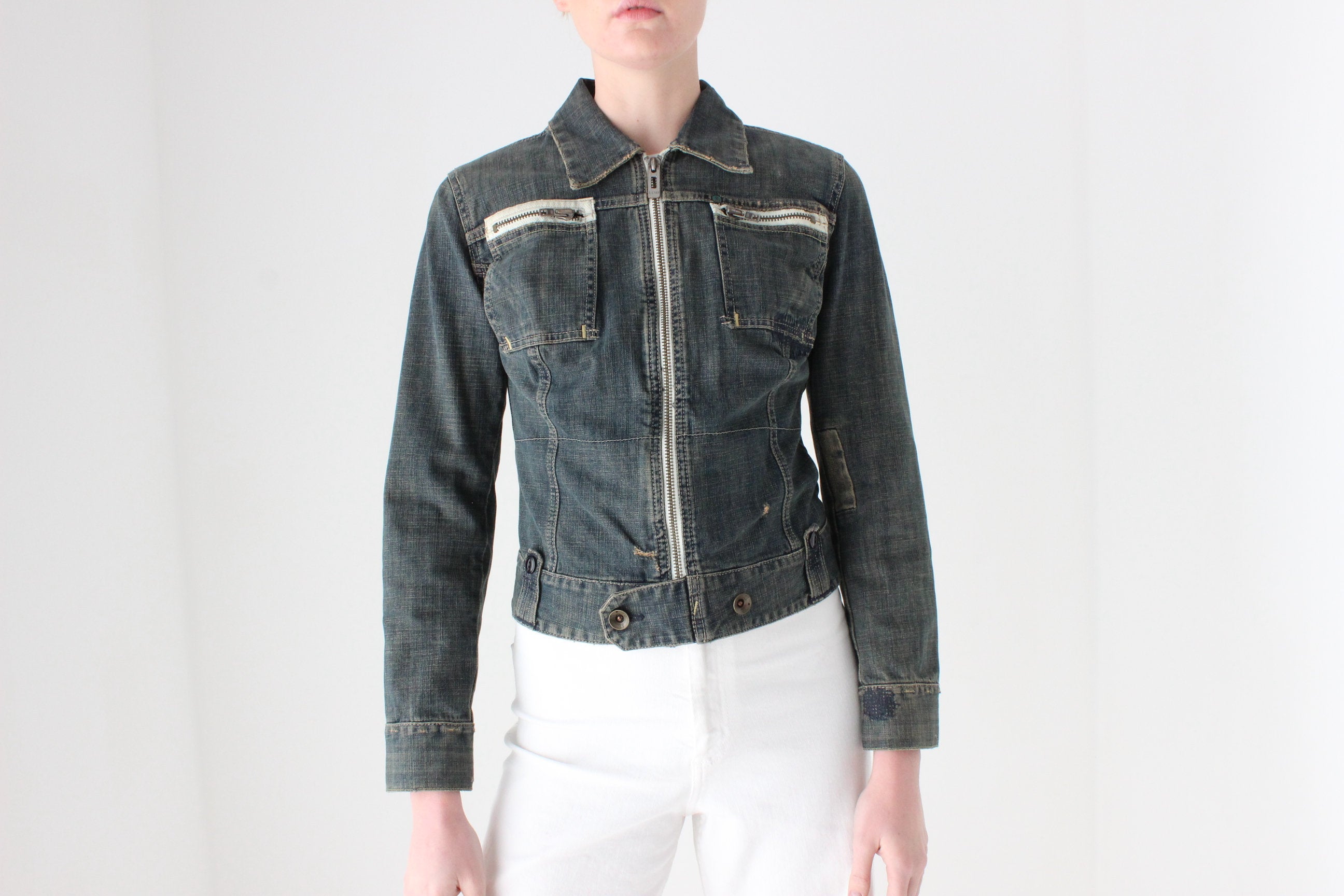 Y2K G-STAR RAW Cropped Denim Zip Up Moto Jacket