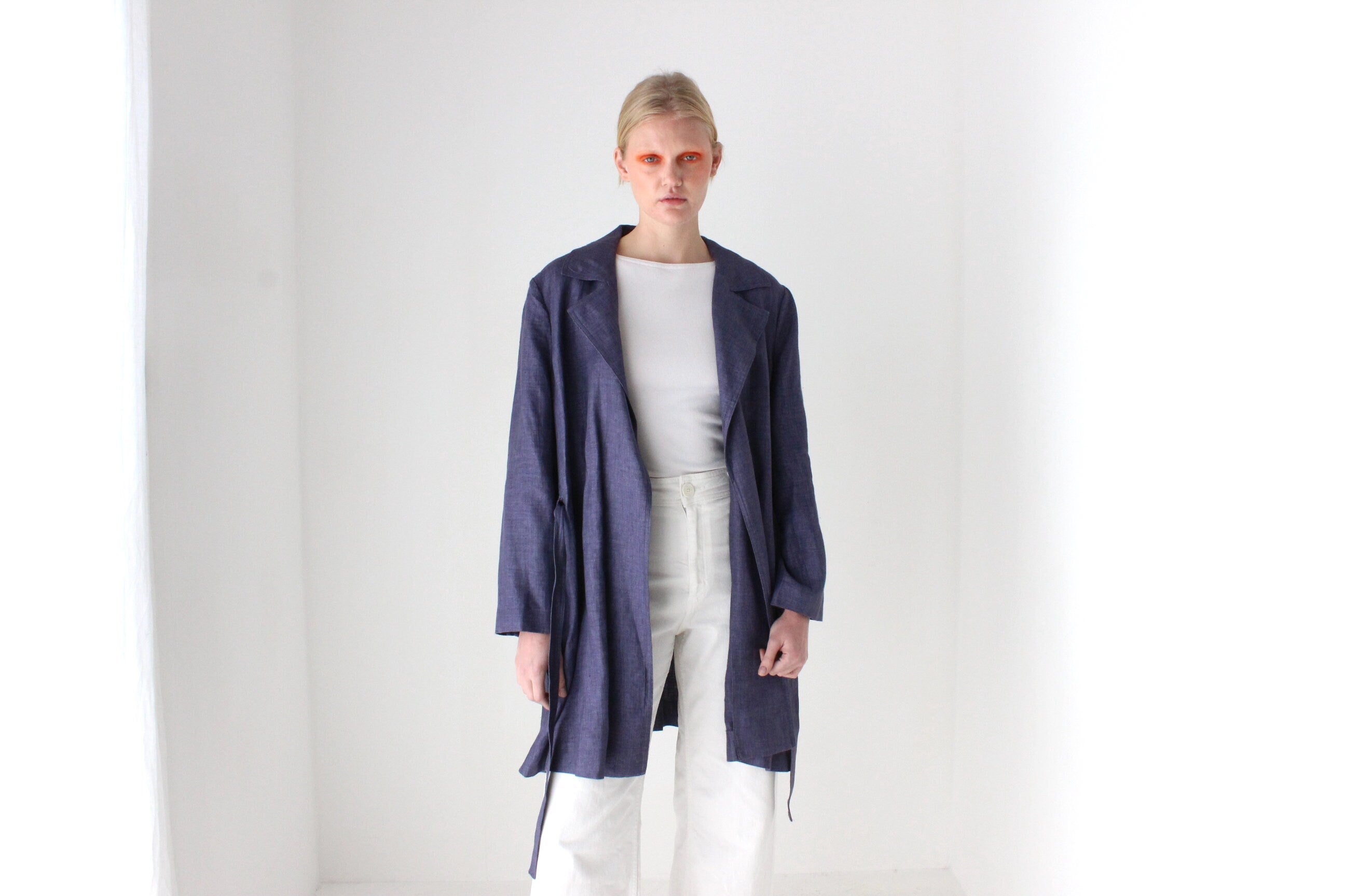 2000s Pure Linen Relaxed Slouchy Belted Trench