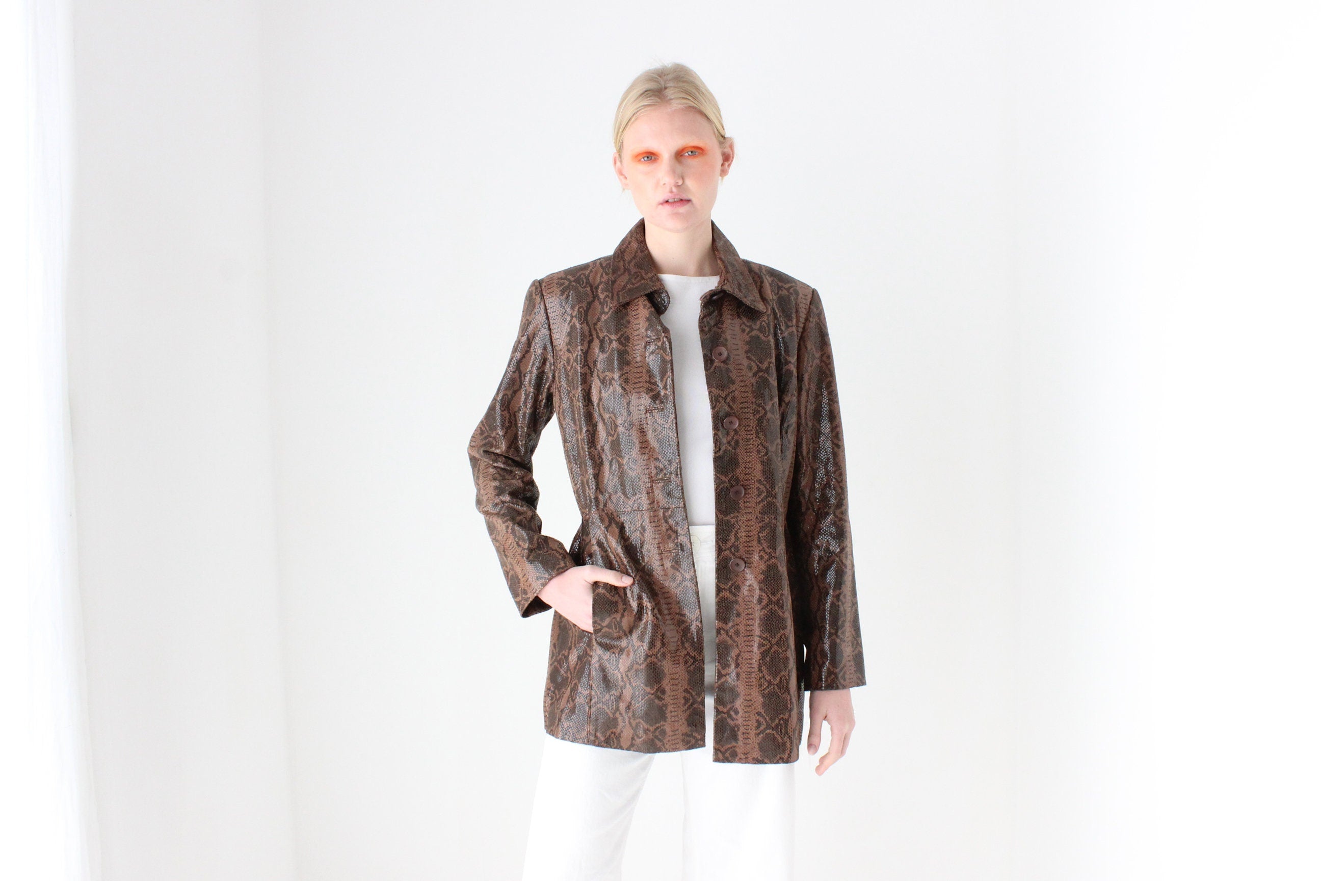 90s {Genuine Leather} Patent Chocolate Snakeskin Coat