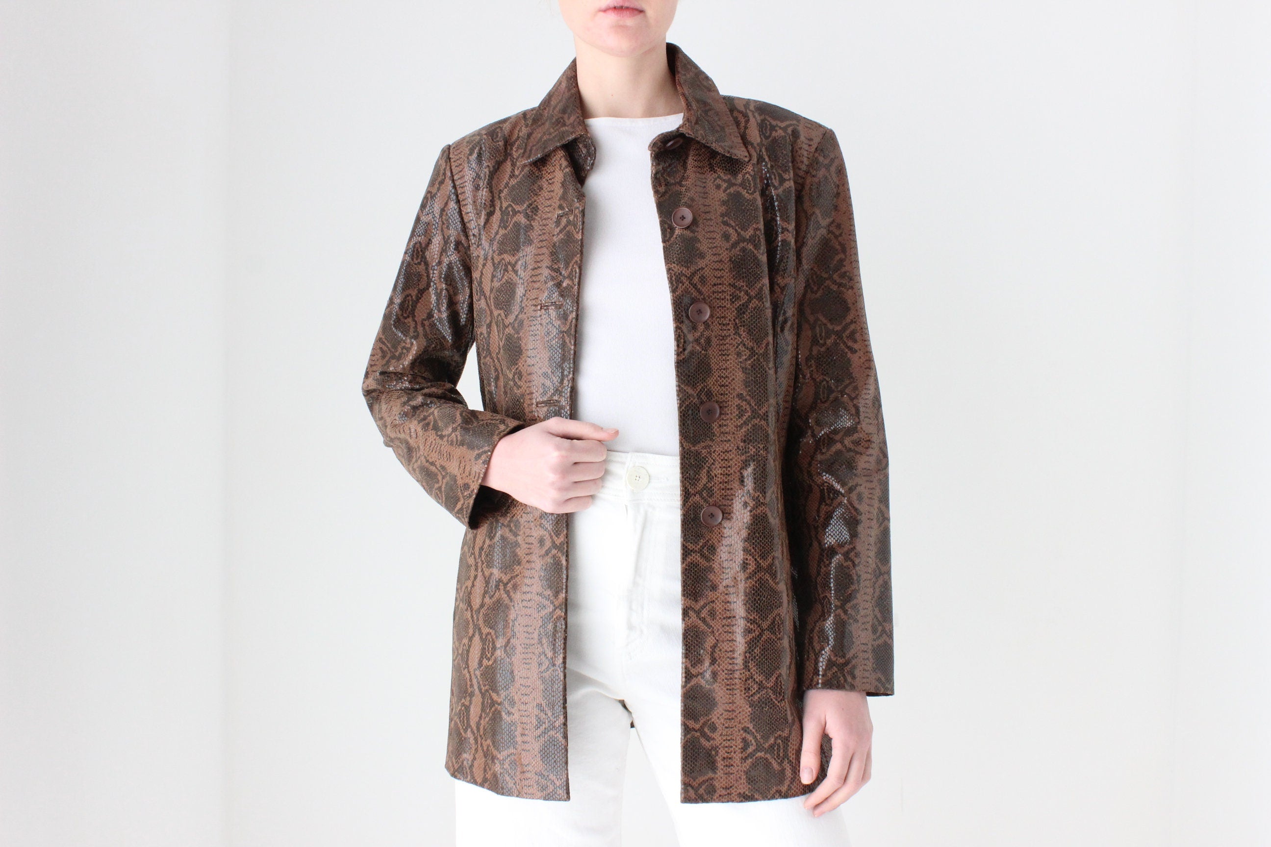 90s {Genuine Leather} Patent Chocolate Snakeskin Coat