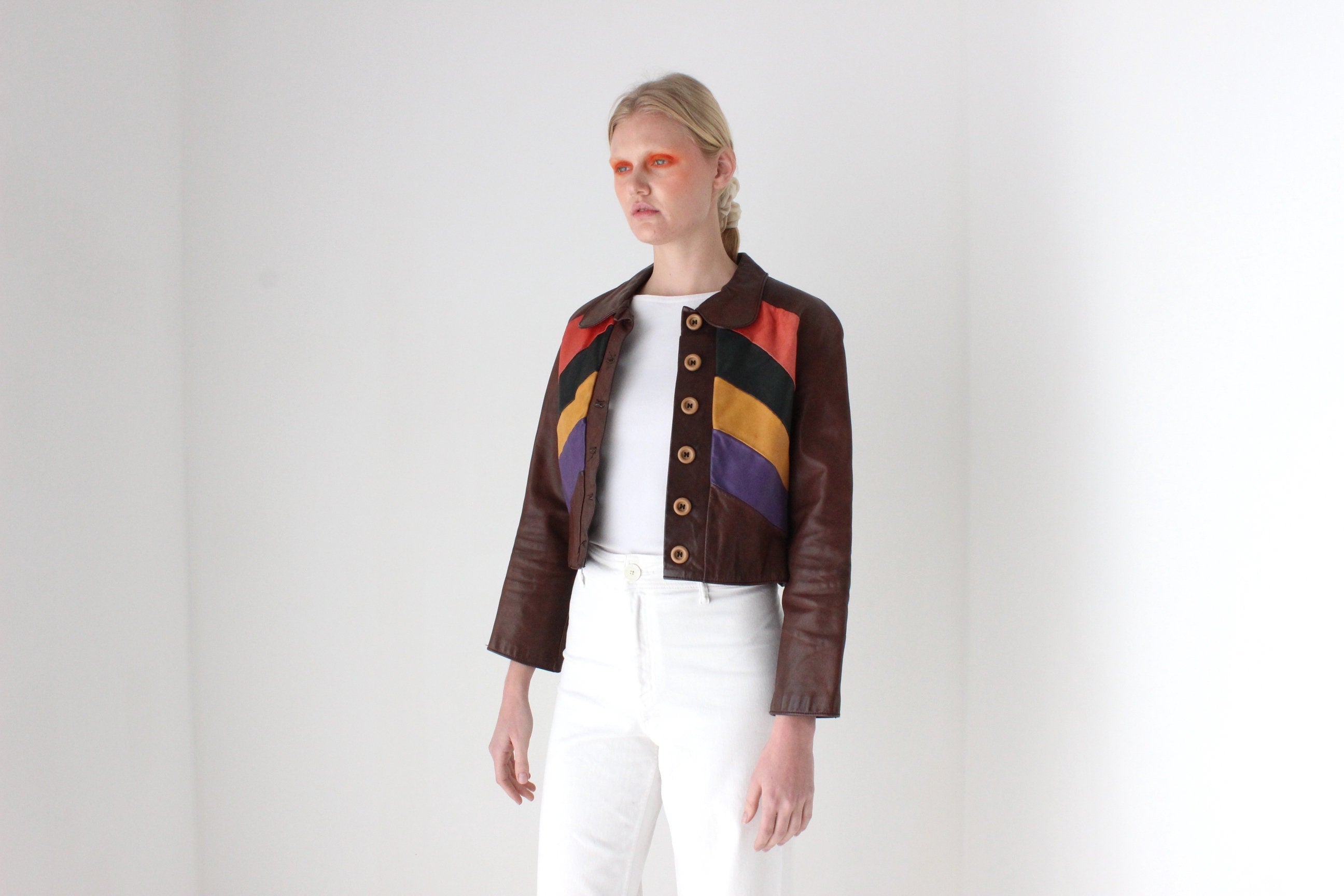 True 1970s One of a Kind Rainbow Leather Cropped Jacket