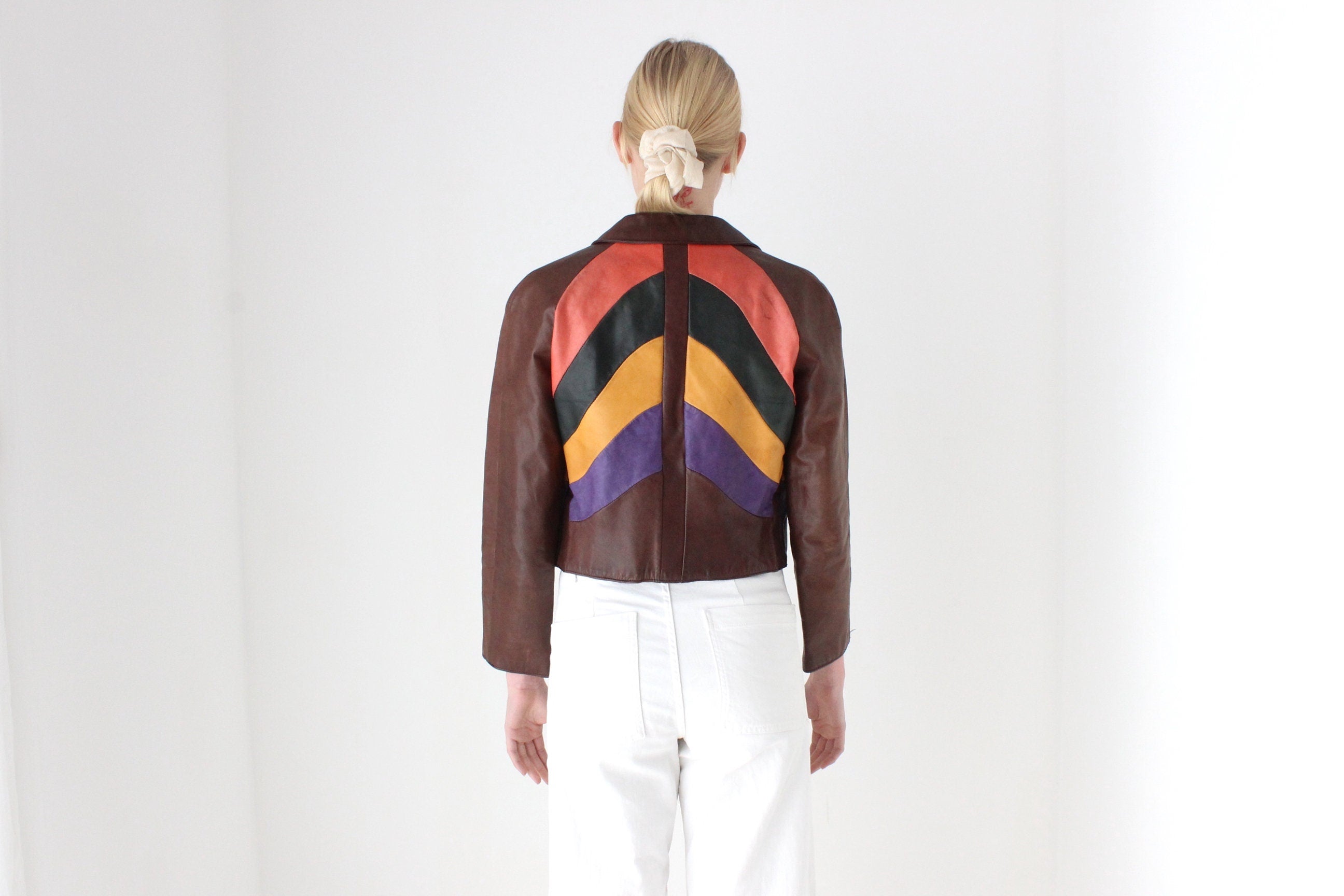 True 1970s One of a Kind Rainbow Leather Cropped Jacket