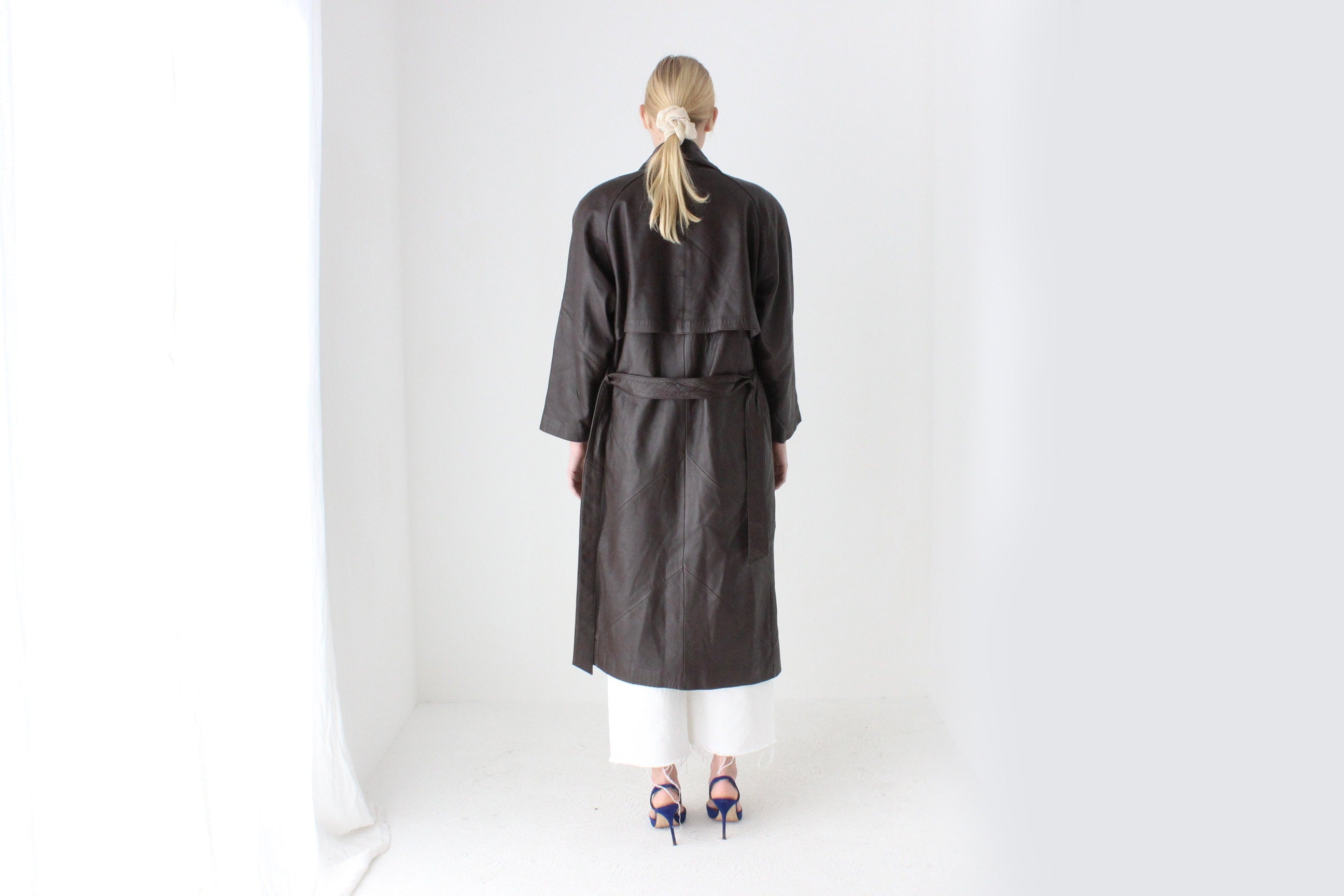 80s Bold Shoulder Chocolate Leather Trench Coat