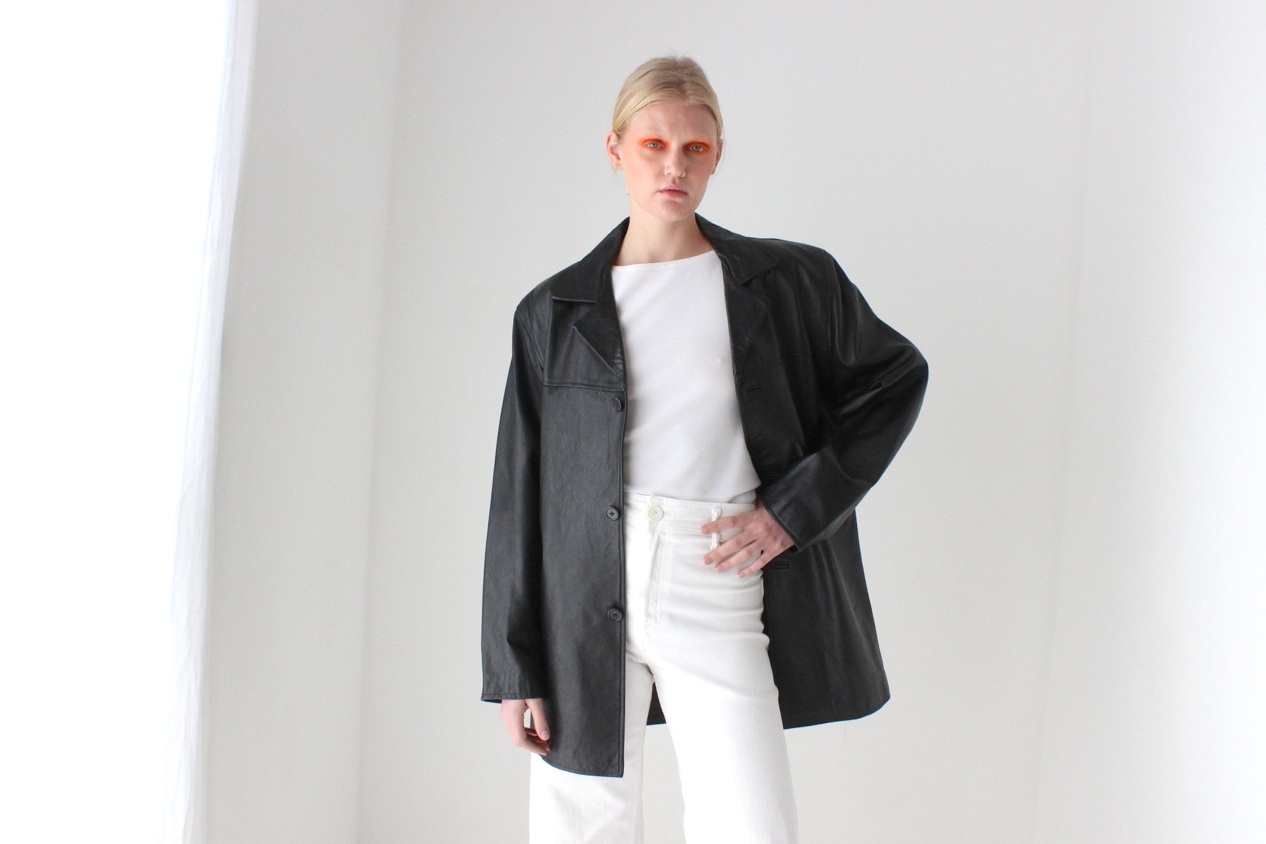 90s Black Leather SIRICCO Boxy, Minimal Button Up