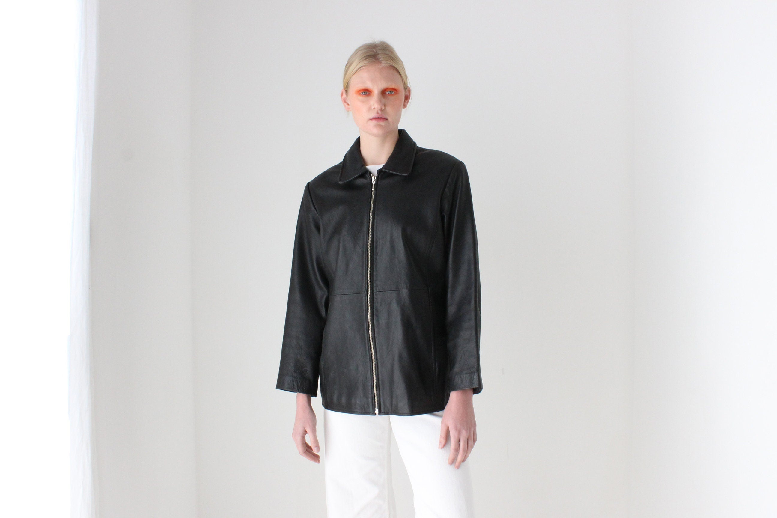 90s Leather Minimal Zip Front Jacket