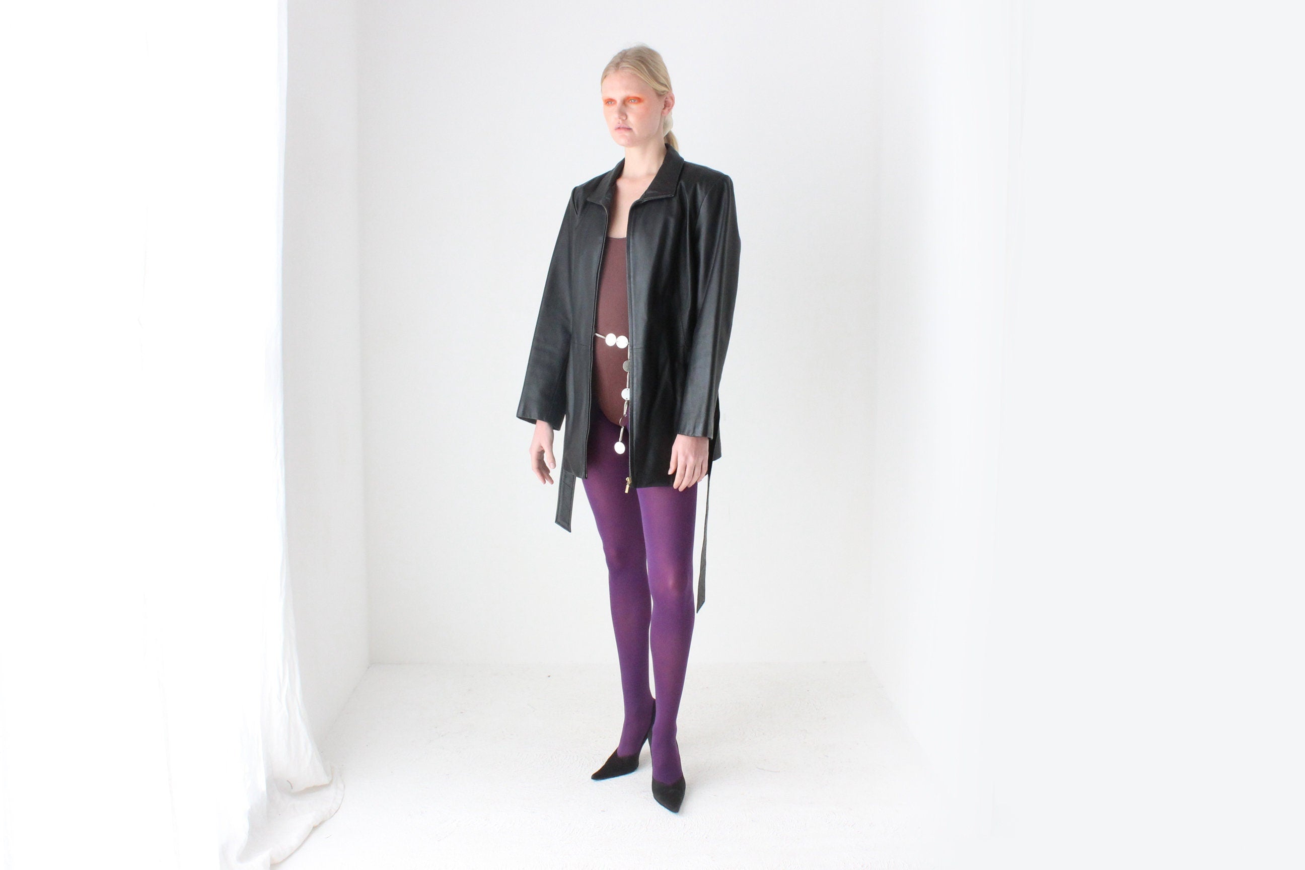 90s Leather Black Classic Minimal Zip Front Jacket w/ Waist Tie